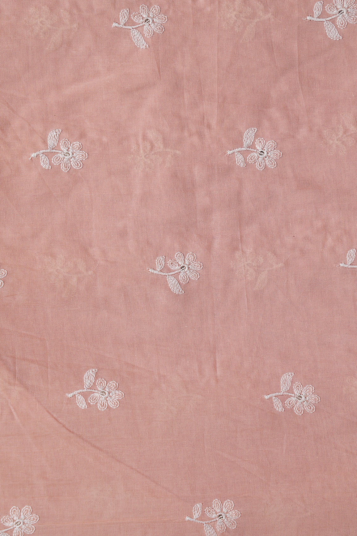 White Thread Small Floral Embroidery On Peach Pure Mul Cotton Fabric
