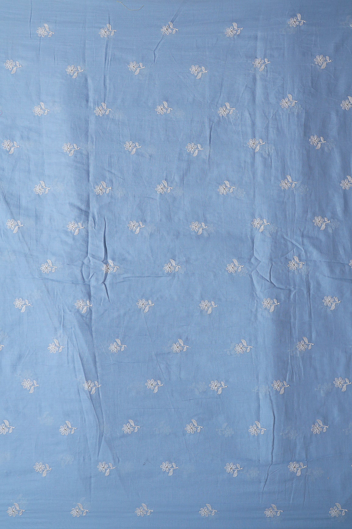White Thread Small Floral Embroidery On Pastel Blue Pure Mul Cotton Fabric