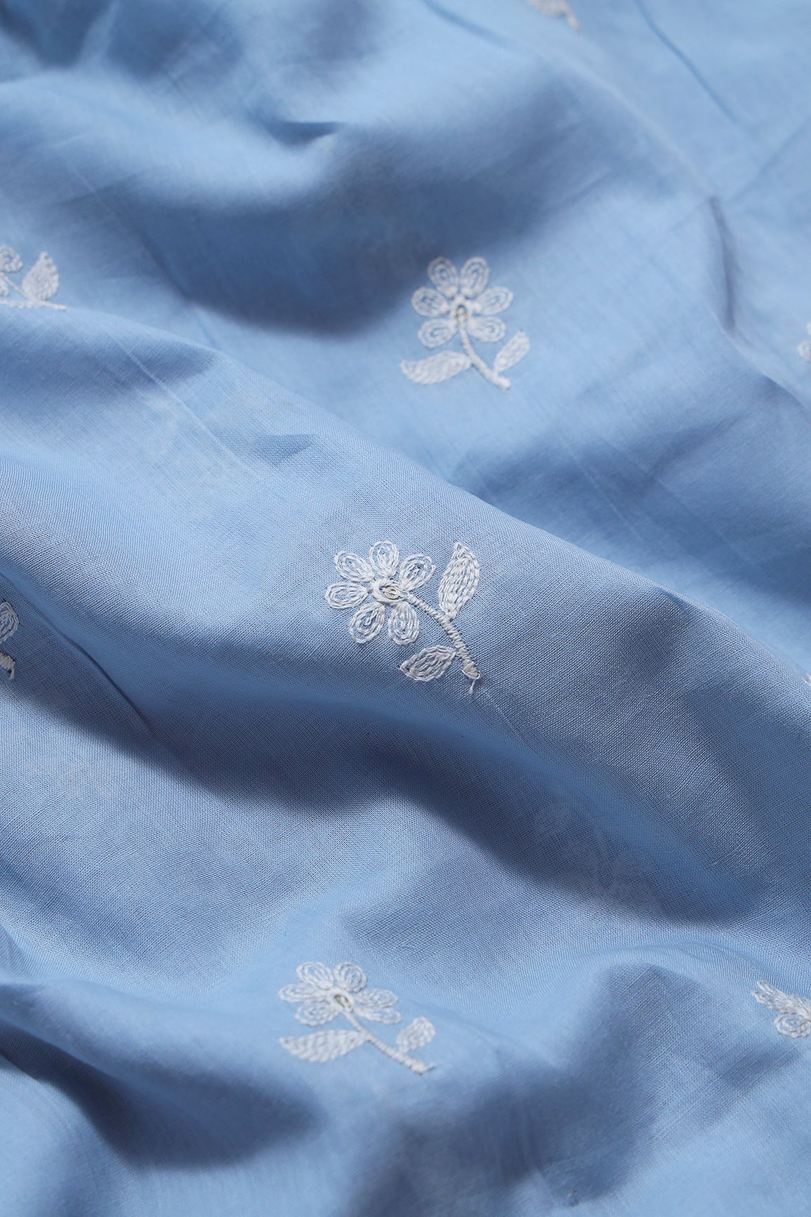 White Floral Embroidery On Pastel Blue Pure Mul Cotton Unstitched Suit Set (2 Piece)