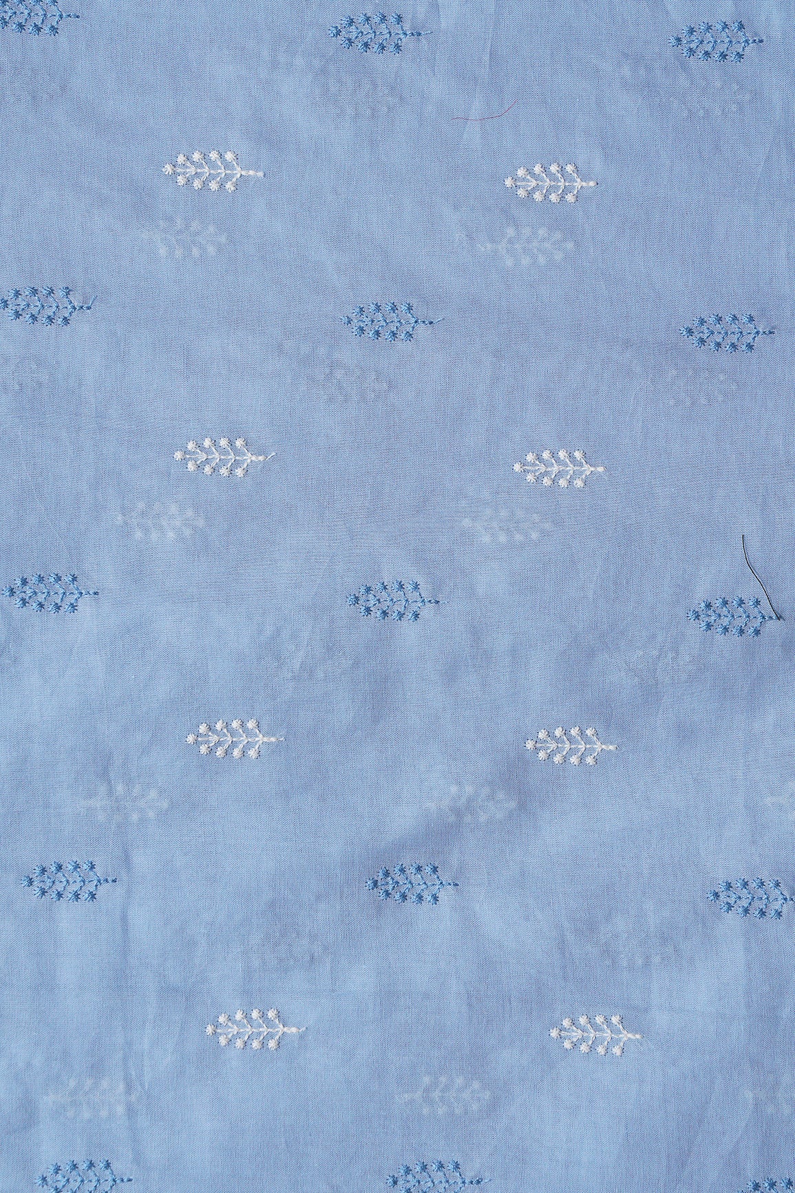 Blue And White Thread Leafy Embroidery On Pastel Blue Pure Mul Cotton Fabric