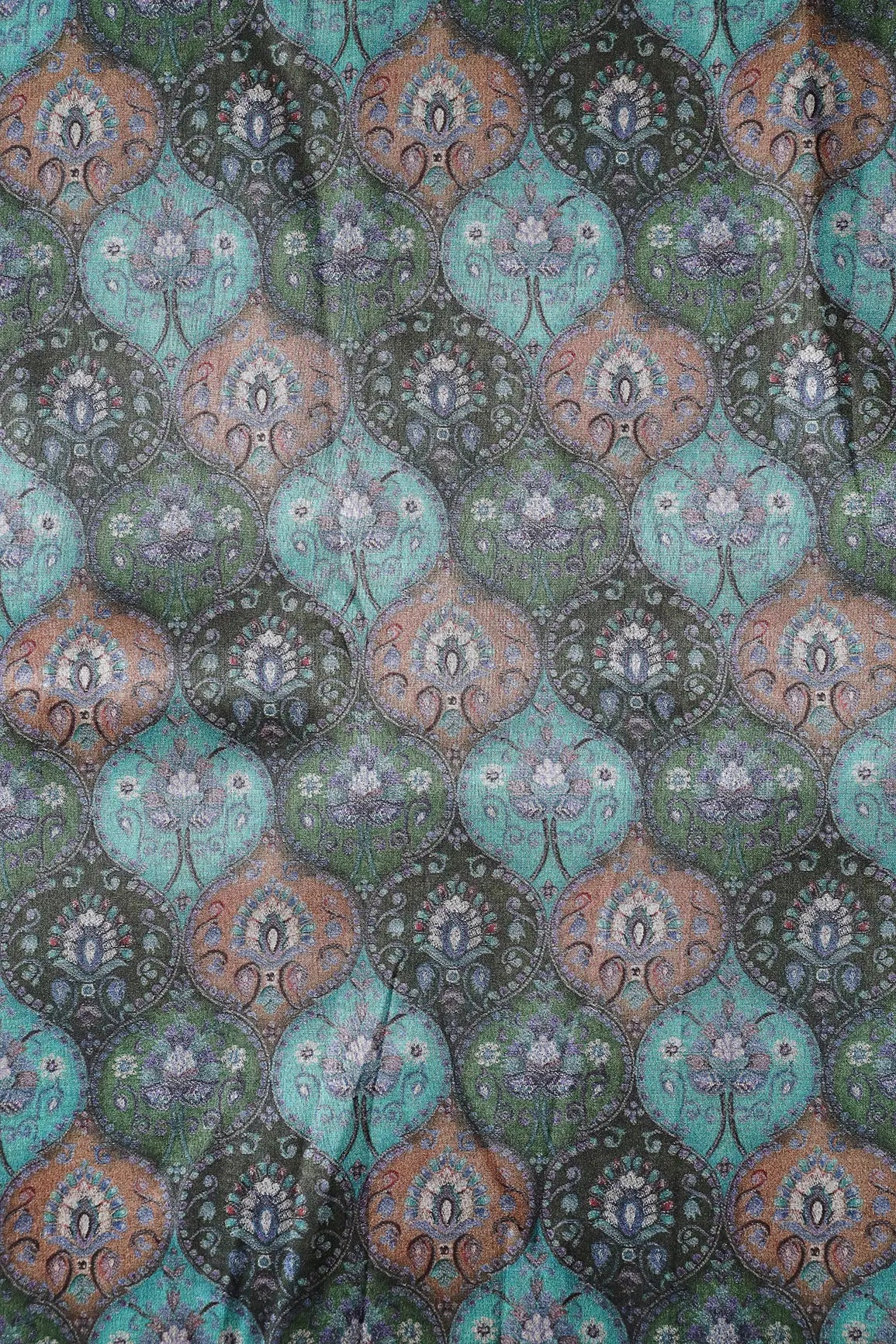 Teal And Green Trellis Pattern Digital Print On Mulberry Silk Fabric