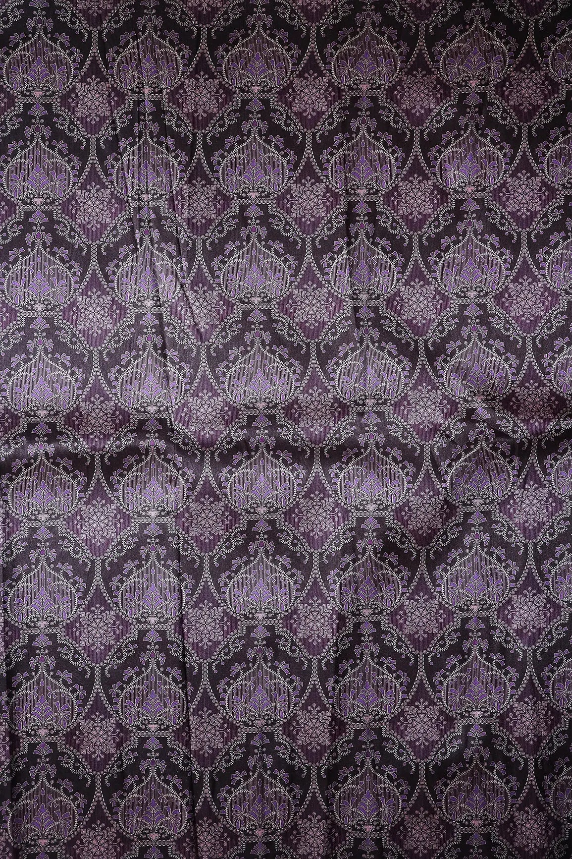 Black And Purple Traditional Pattern Digital Print On Mulberry Silk Fabric