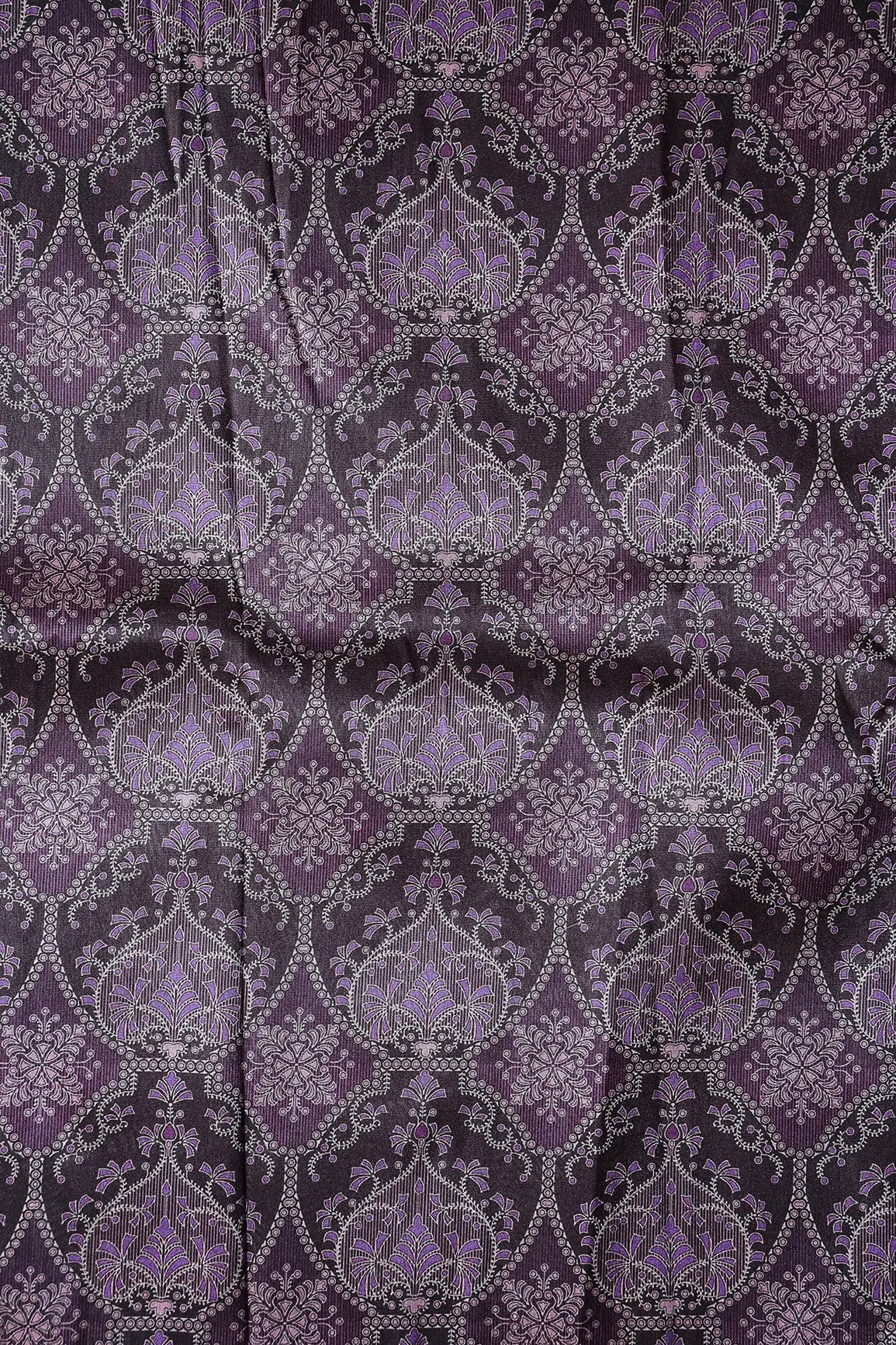 Black And Purple Traditional Pattern Digital Print On Mulberry Silk Fabric