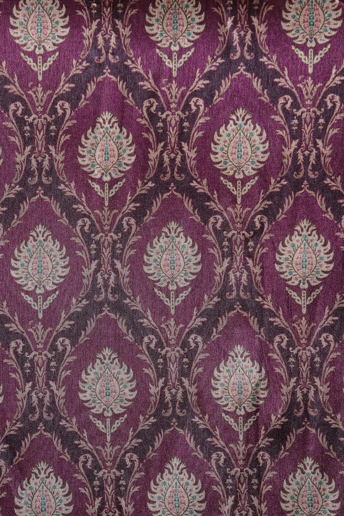 Cream Trellis Pattern Digital Print On Wine Mulberry Silk Fabric