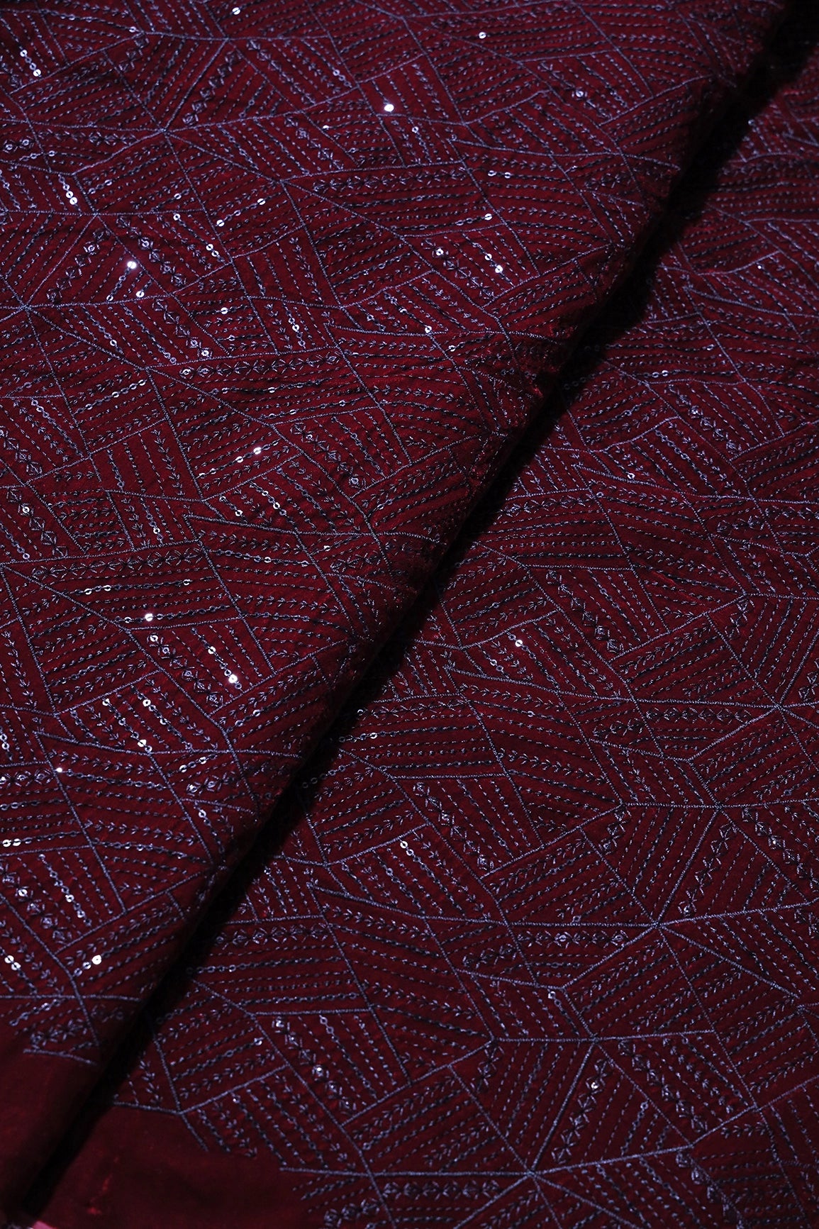 Maroon Thread With Sequins Geometric Embroidery Work On Maroon Velvet Fabric