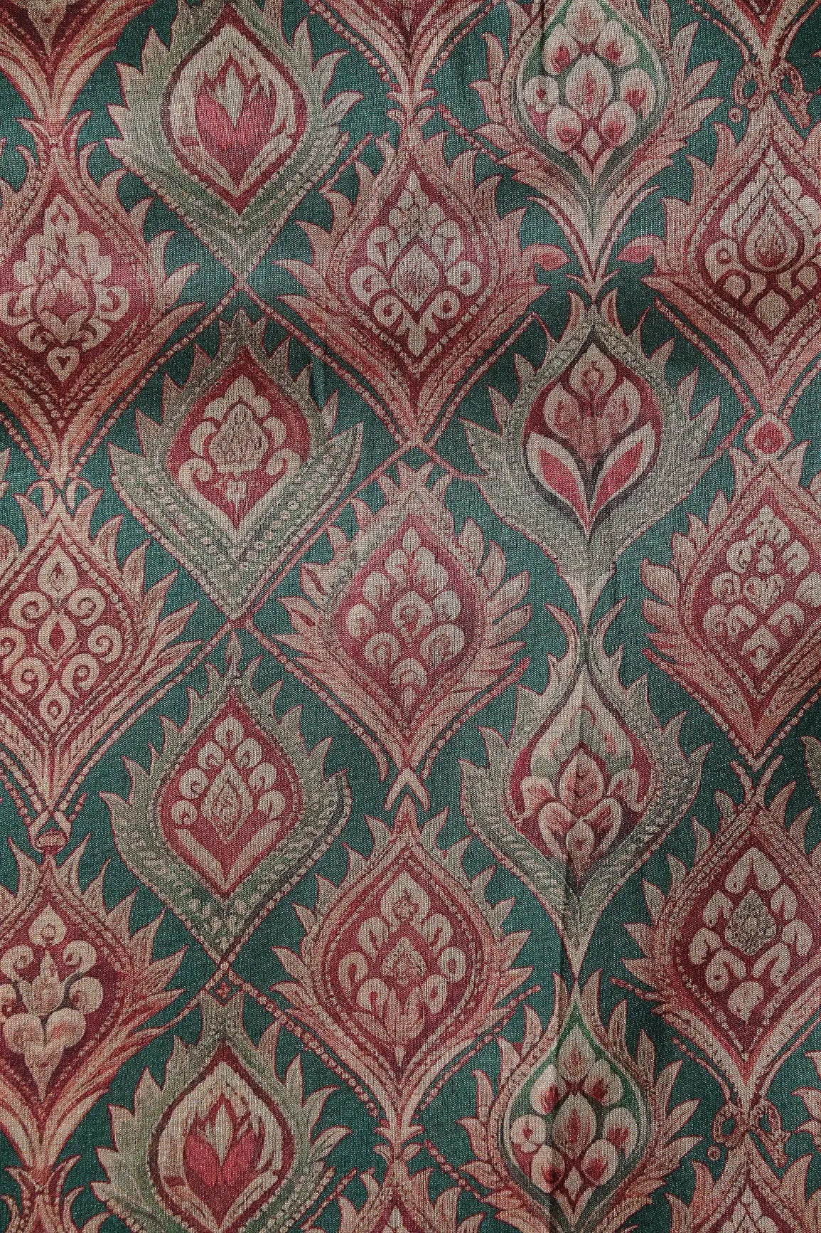 Cream Trellis Pattern Digital Print On Green Mulberry Silk Fabric