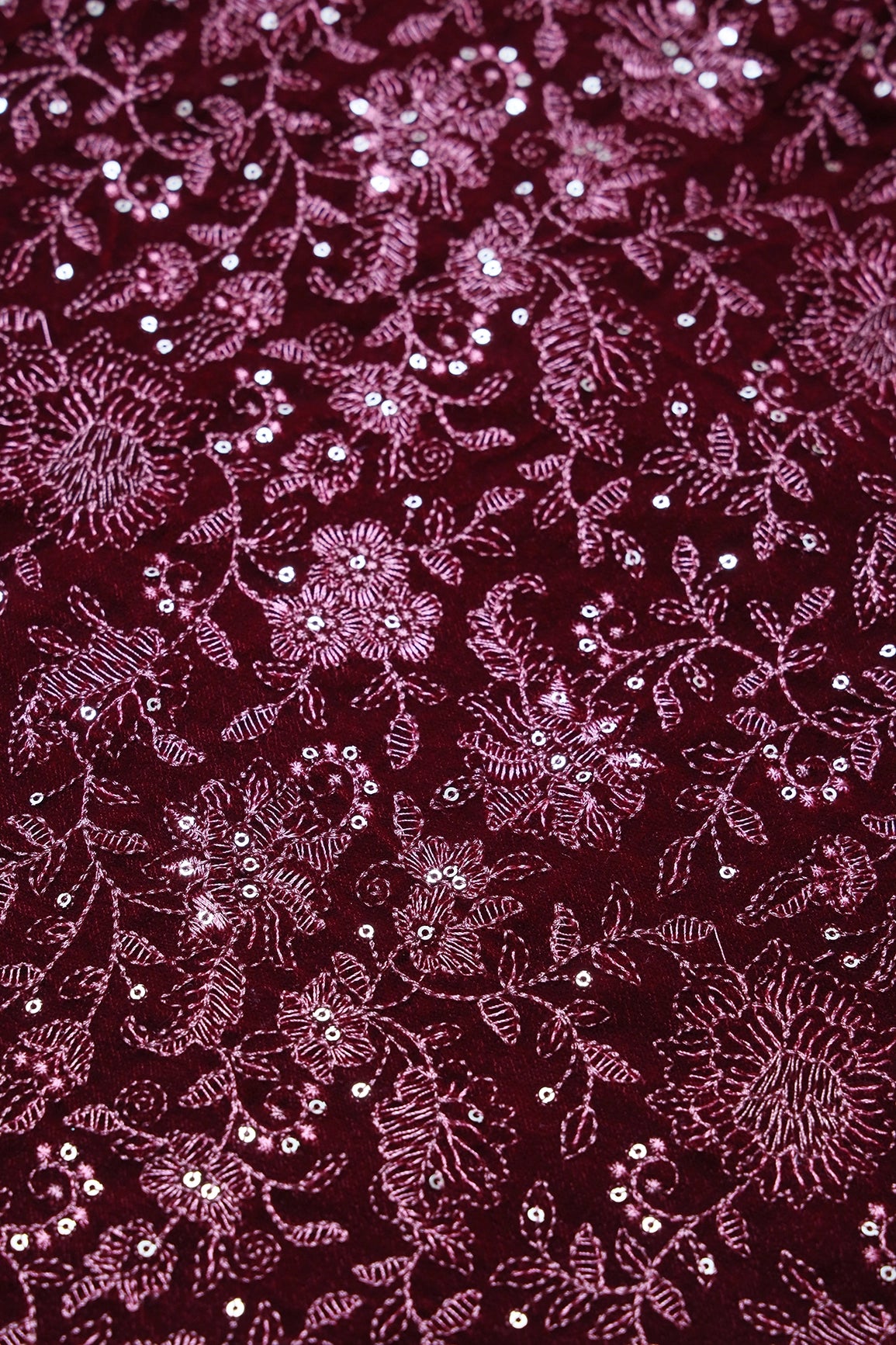 Maroon Thread With Gold Sequins Floral Embroidery Work On Maroon Velvet Fabric
