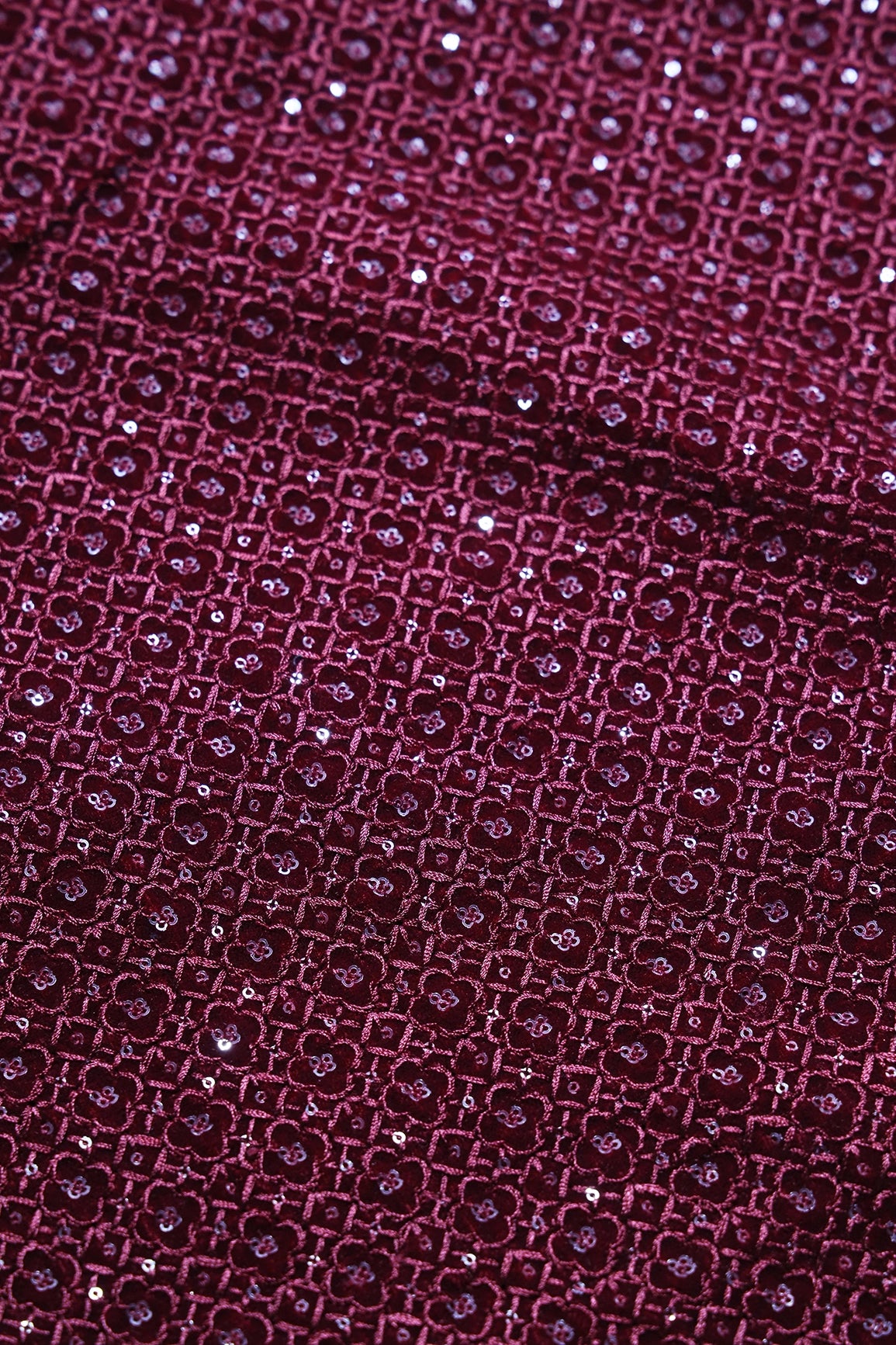 Maroon Thread With Sequins Small Checks Embroidery Work On Maroon Velvet Fabric