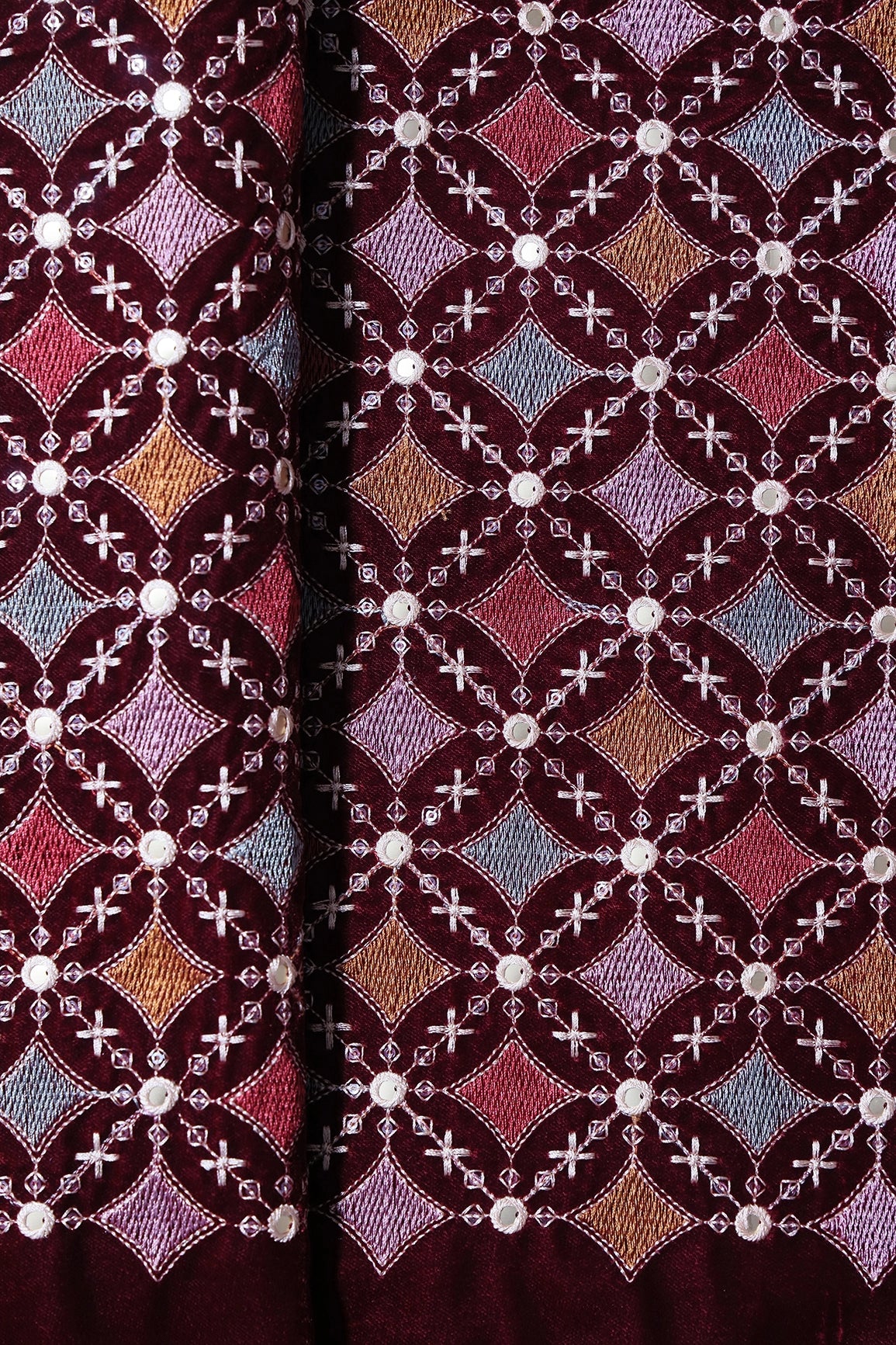 Multi Thread With Sequins Geometric Embroidery Work On Maroon Velvet Fabric