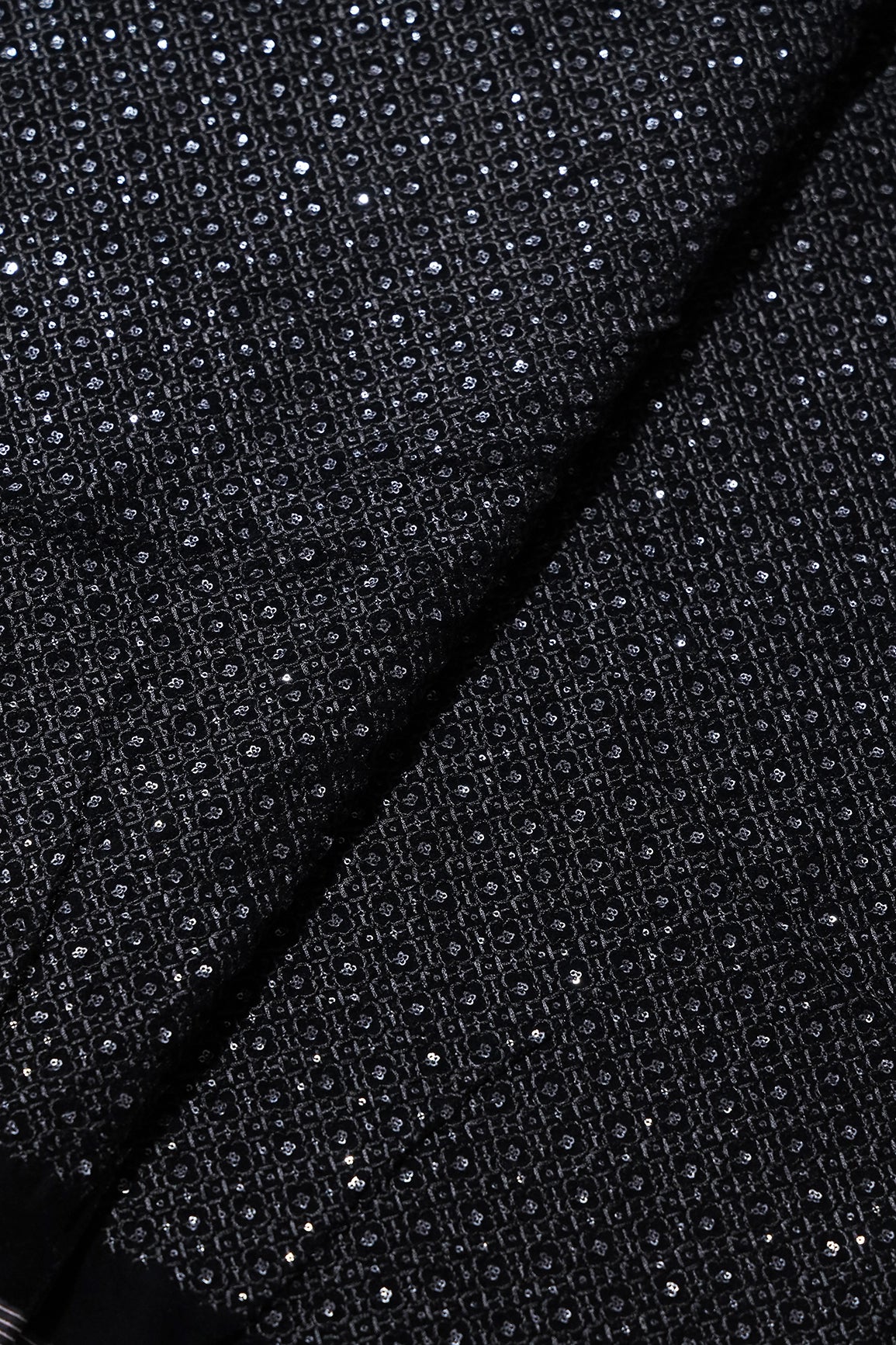 Black Thread With Sequins Small Checks Embroidery Work On Black Velvet Fabric