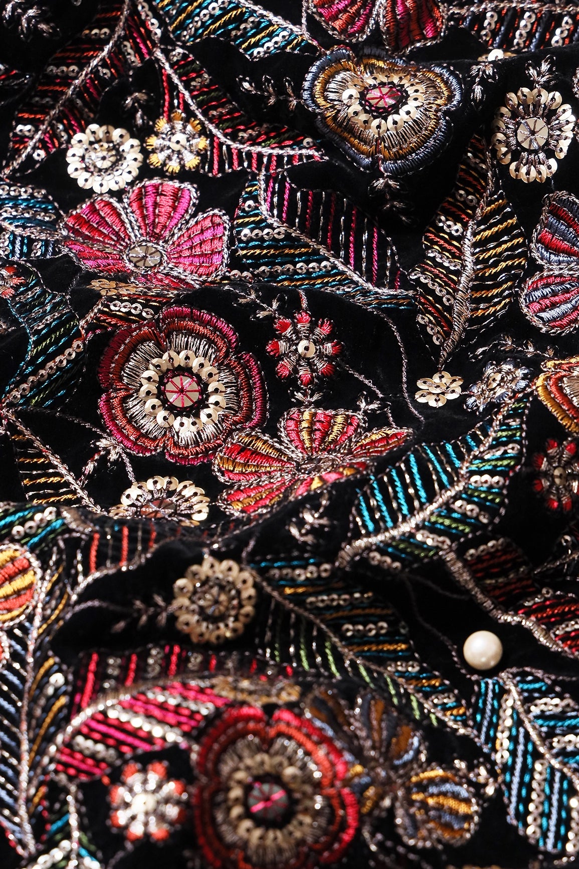 Multi Color Thread With Gold Zari With Sequins Floral Heavy Embroidery Work On Black Velvet Fabric