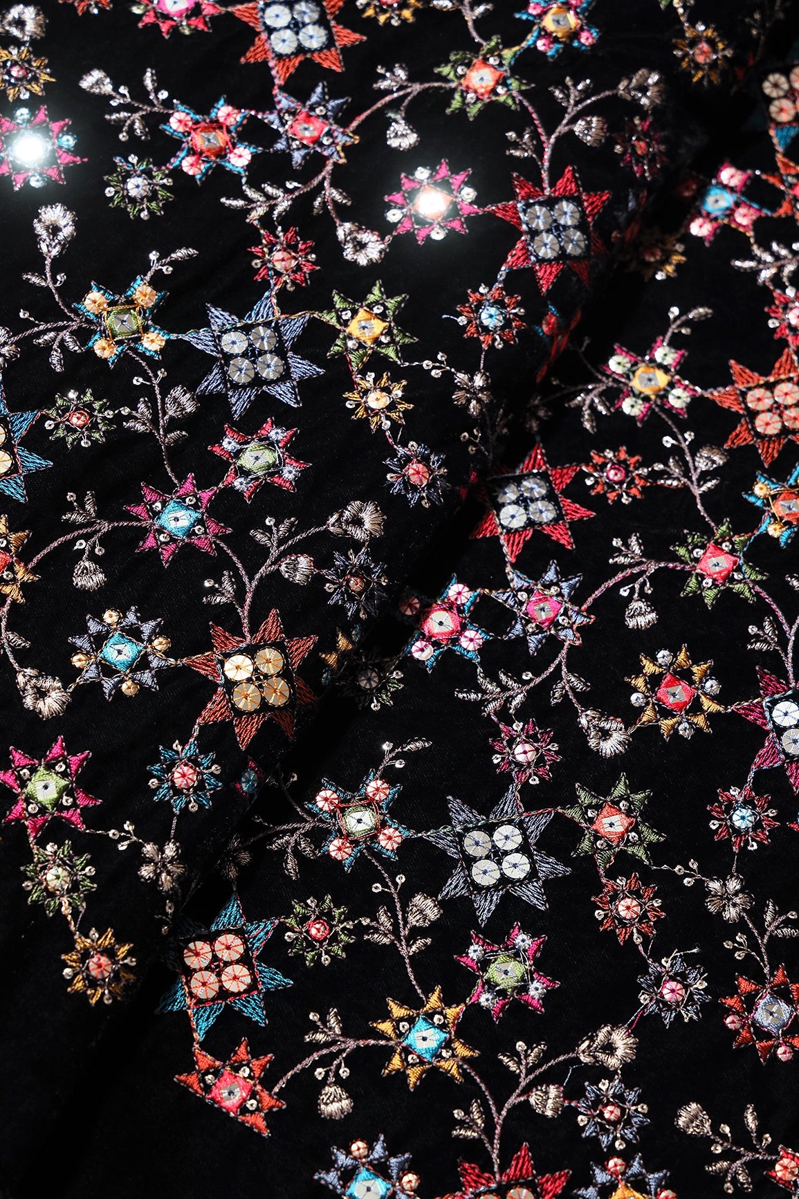 Multi Color Thread With Gold Sequins Traditional Heavy Embroidery Work On Black Velvet Fabric