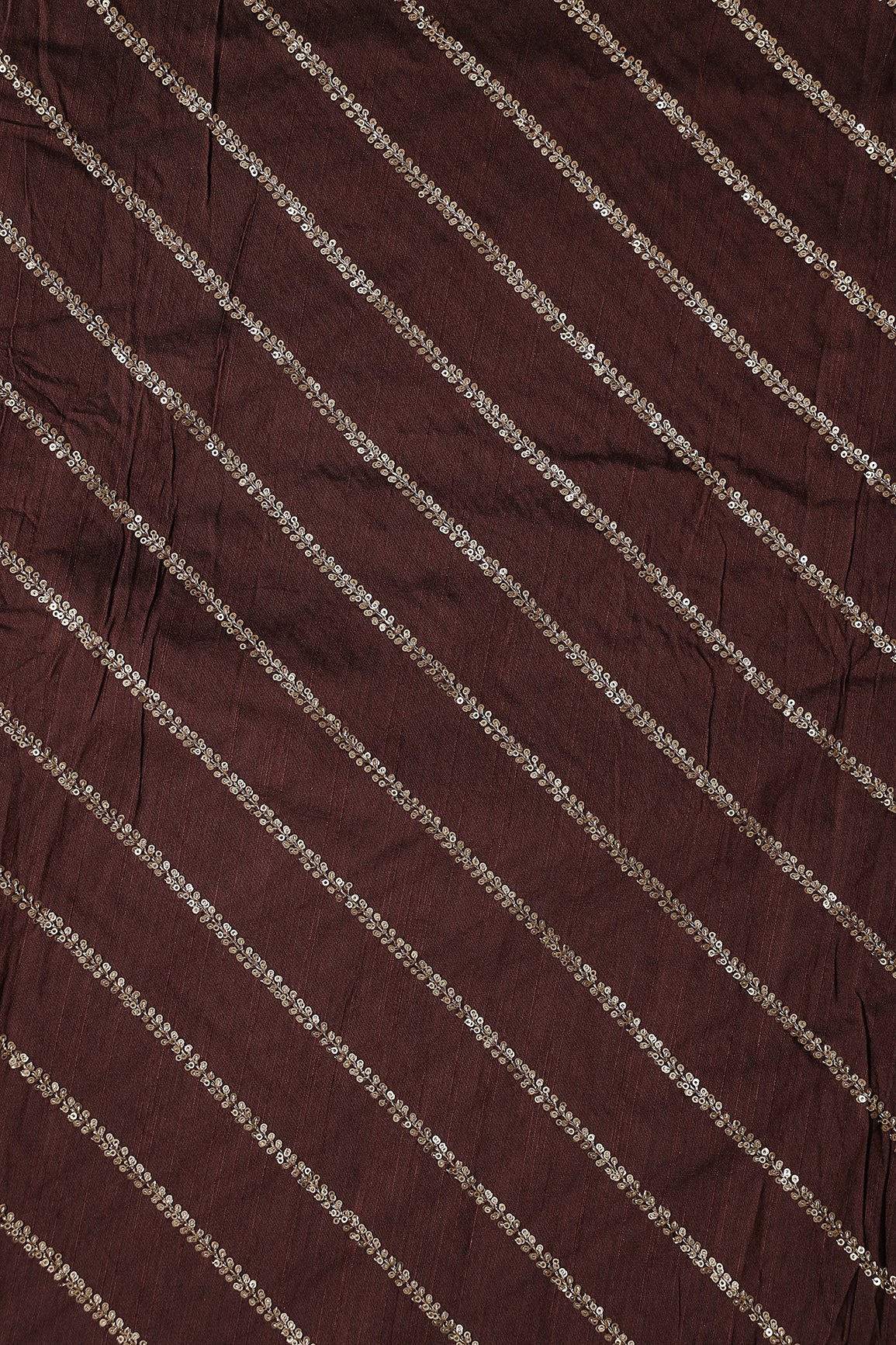 Gold Sequins With Gold Zari Stripes Embroidery Work On Brown Raw Silk Fabric