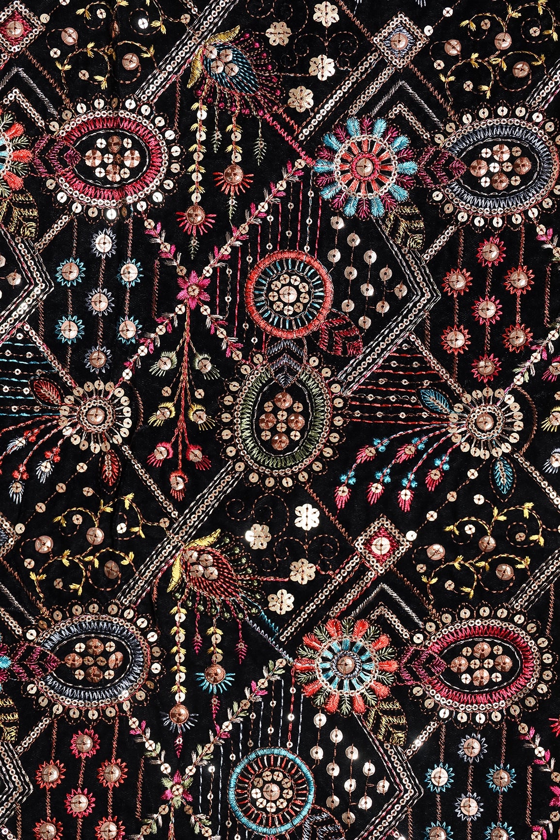 Multi Color Thread With Gold Sequins Traditional Embroidery Work On Black Velvet Fabric
