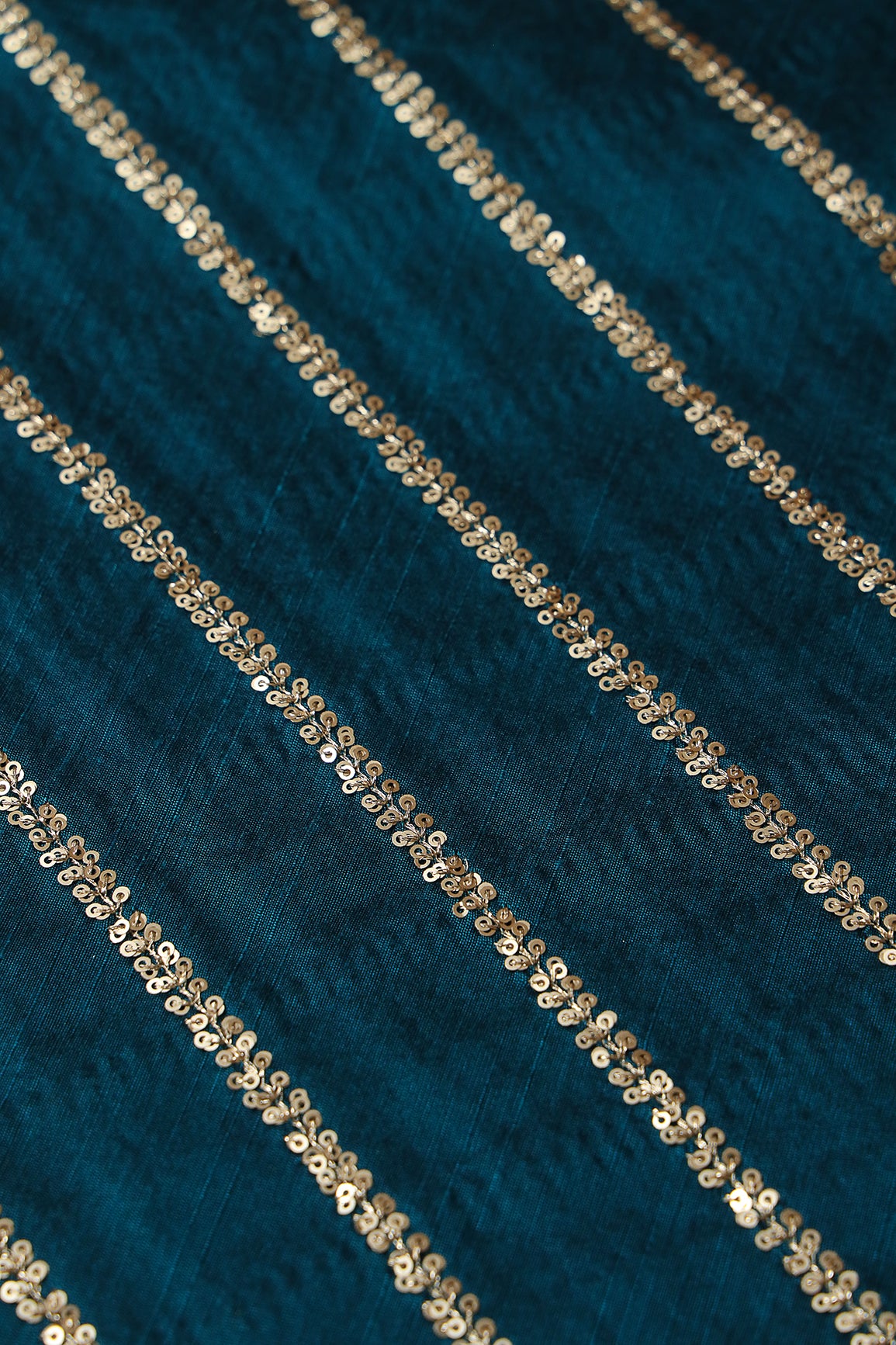 Gold Sequins With Gold Zari Stripes Embroidery Work On Rama Raw Silk Fabric