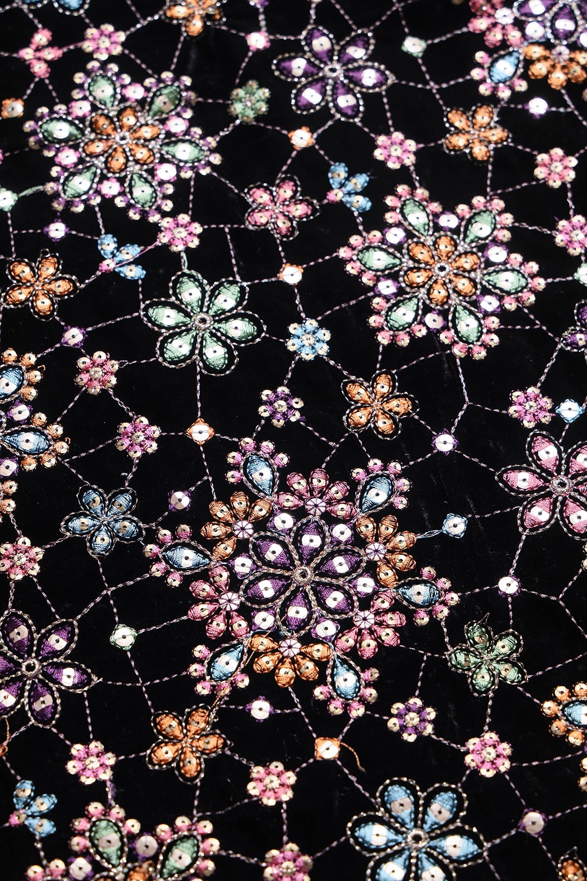 Multi Color Pastel Thread With Gold Sequins Floral Heavy Embroidery Work On Black Velvet Fabric