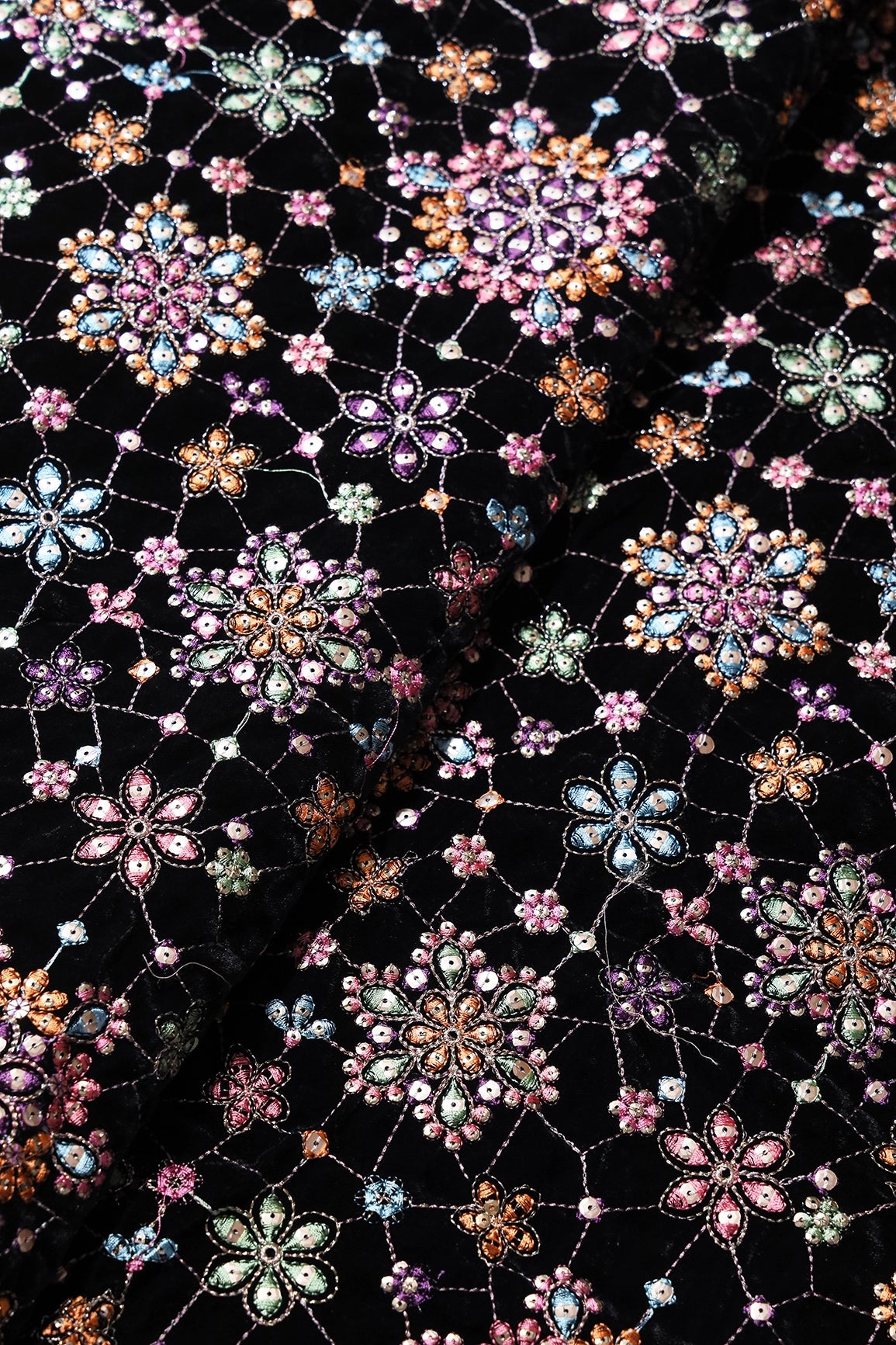 Multi Color Pastel Thread With Gold Sequins Floral Heavy Embroidery Work On Black Velvet Fabric