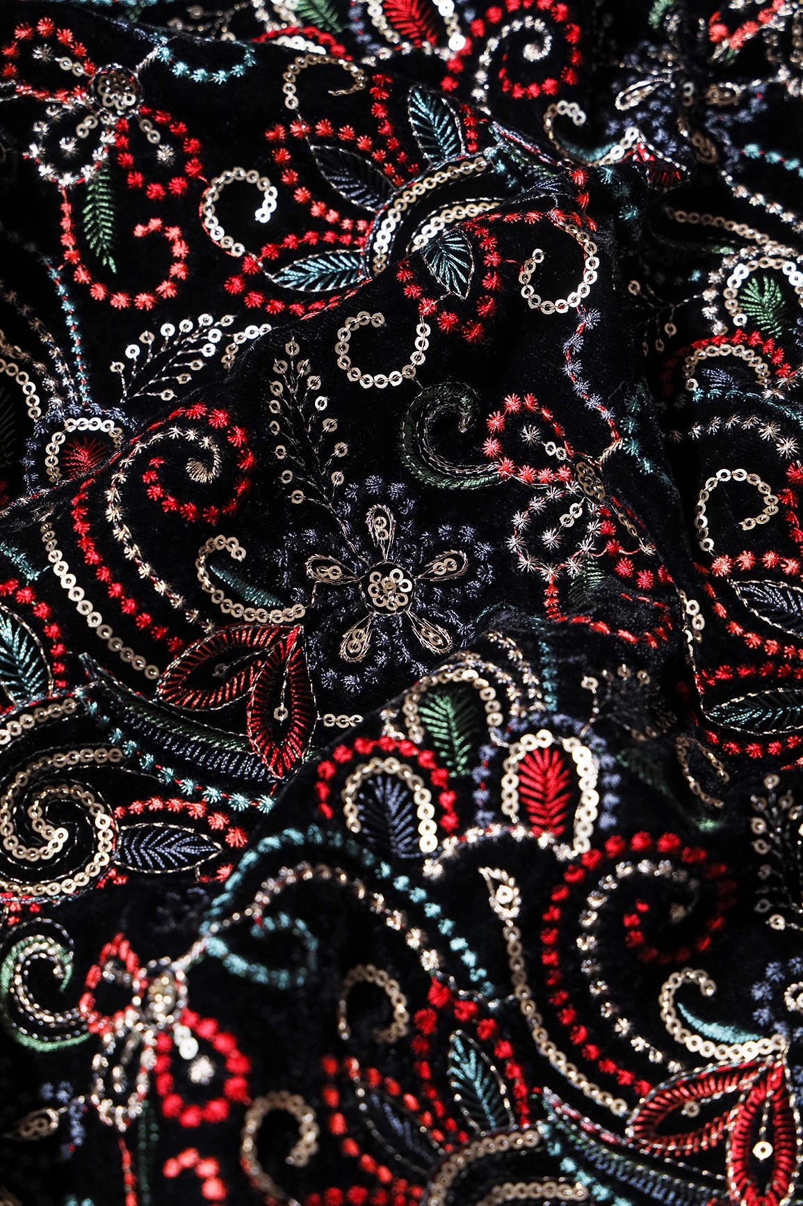 Multi Color Thread With Gold Sequins Floral Heavy Embroidery Work On Black Velvet Fabric