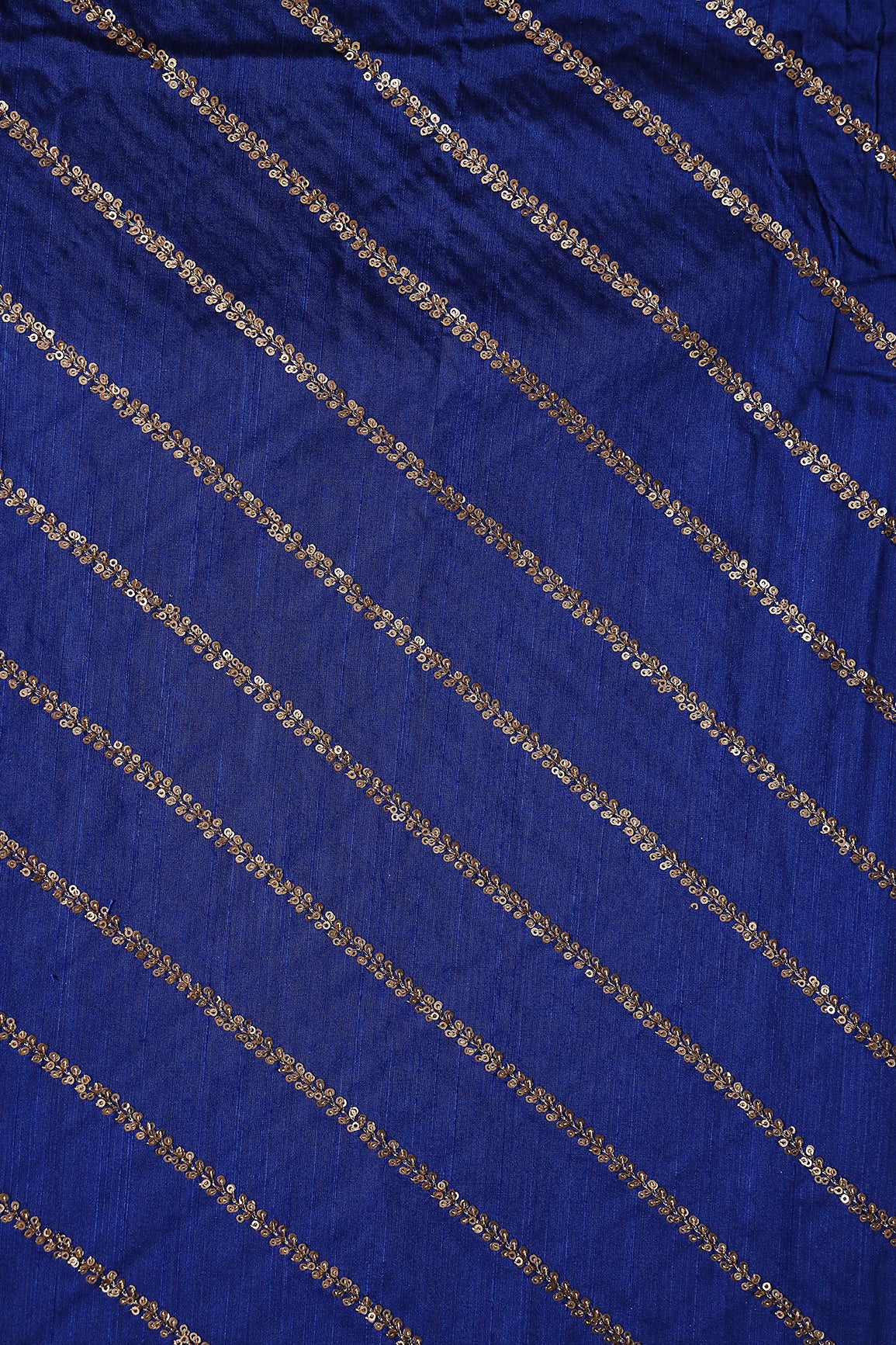 Gold Sequins With Gold Zari Stripes Embroidery Work On Royal Blue Raw Silk Fabric