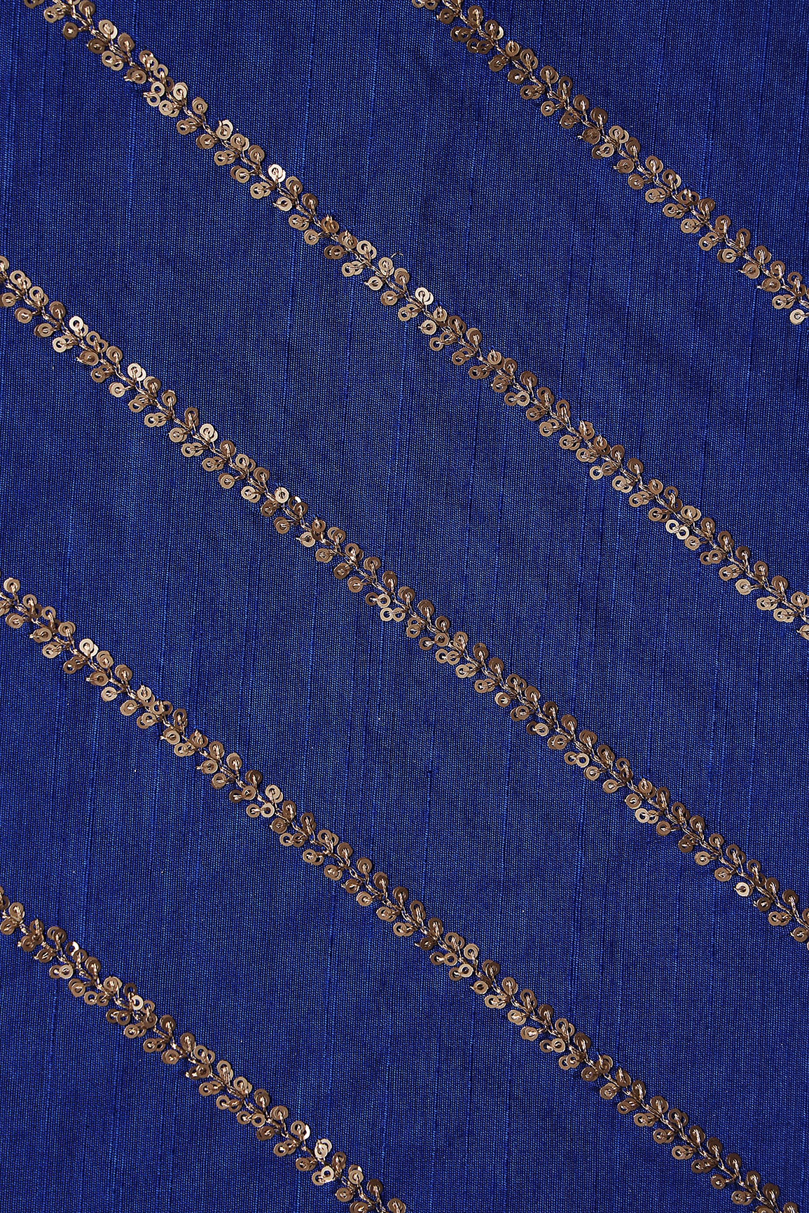 Gold Sequins With Gold Zari Stripes Embroidery Work On Royal Blue Raw Silk Fabric