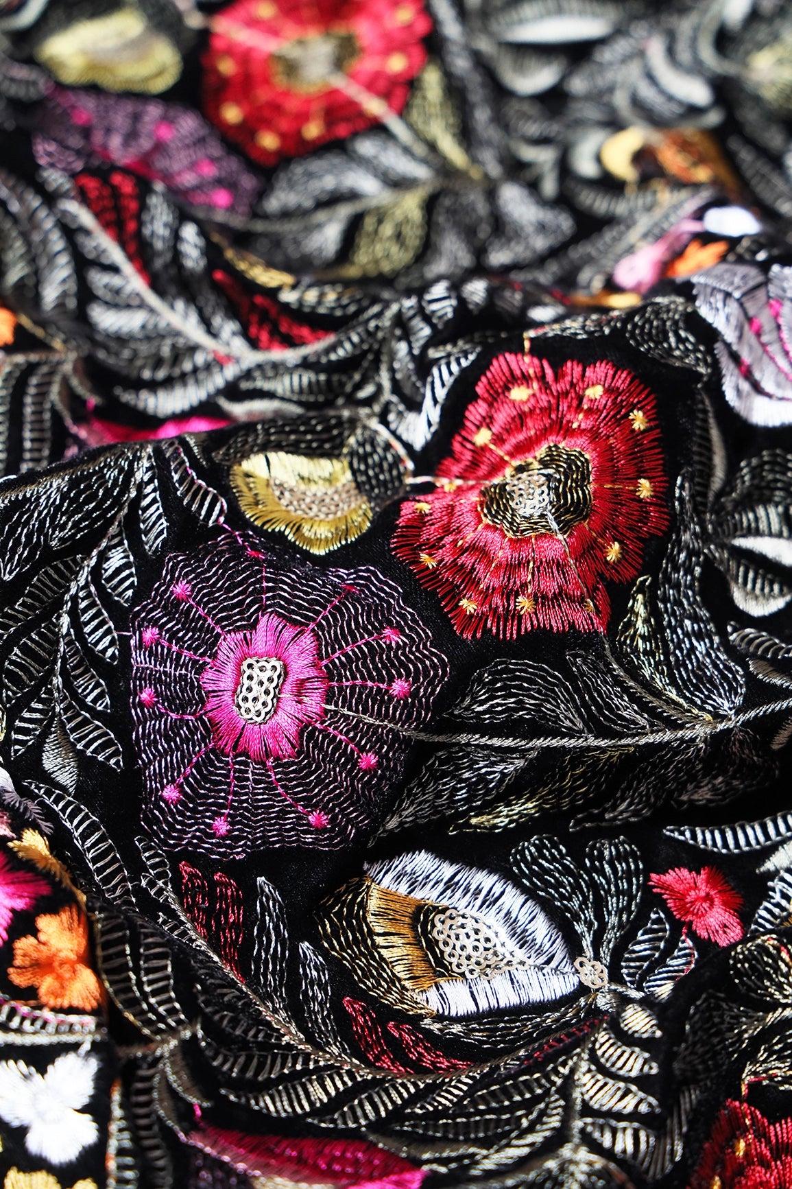 Multi Thread With Gold Sequins Floral Heavy Embroidery Work On Black Velvet Fabric