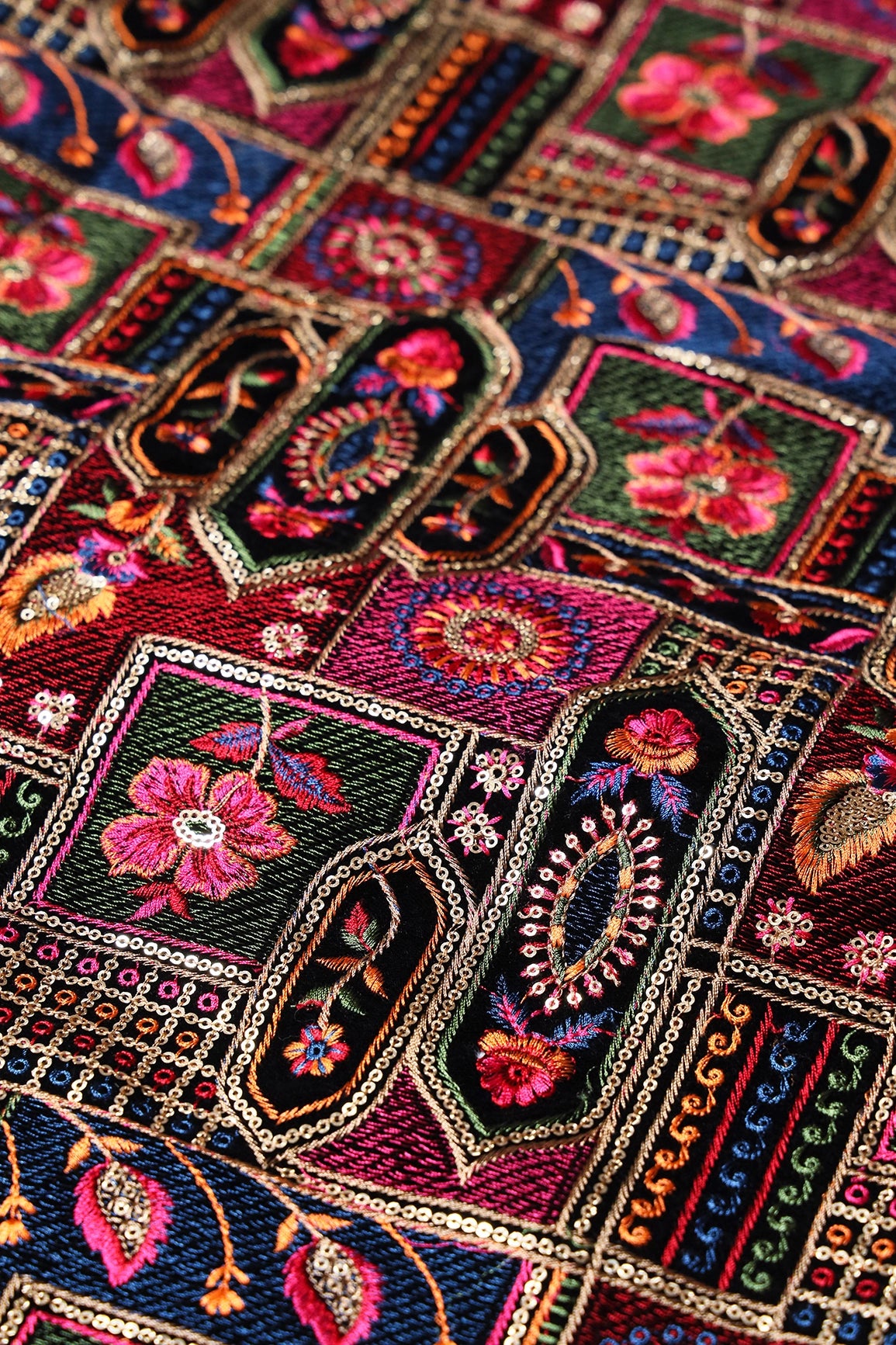 Multi Color Thread With Gold Sequins Traditional Heavy Embroidery Work On Black Velvet Fabric