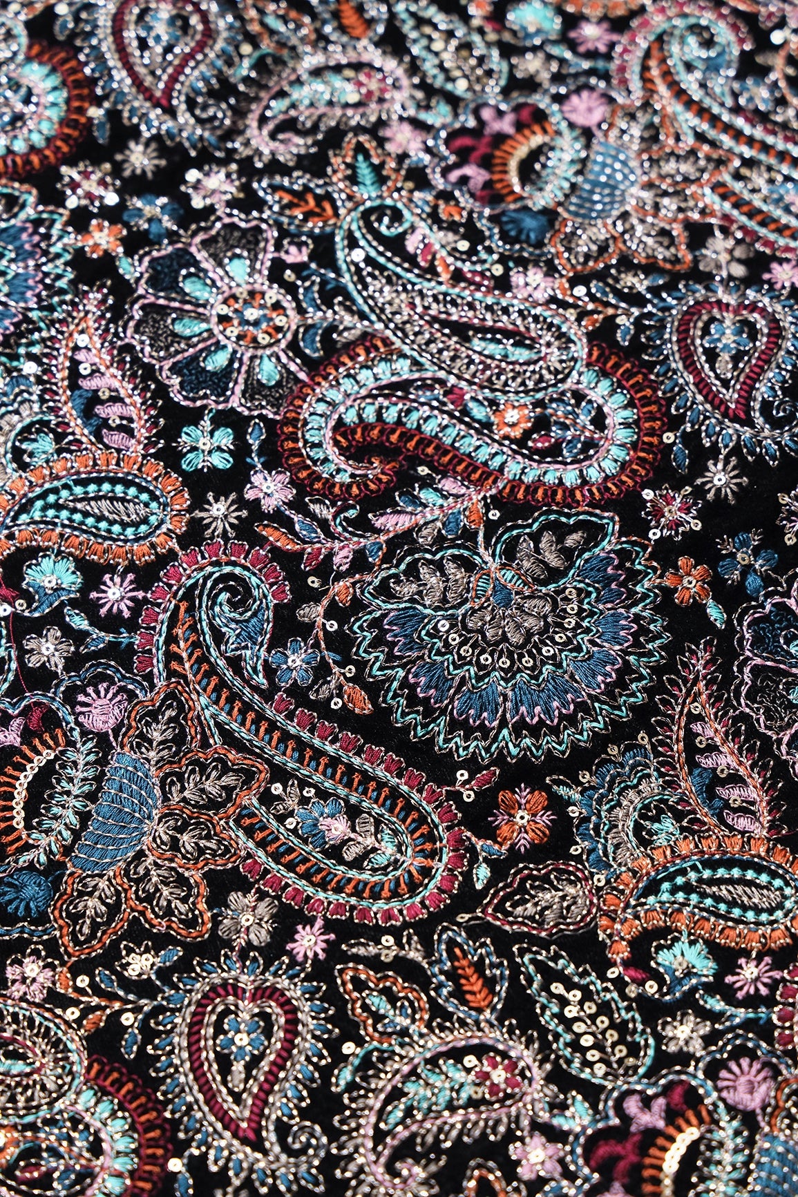 Multi Thread With Gold Sequins Paisley Heavy Embroidery Work On Black Velvet Fabric