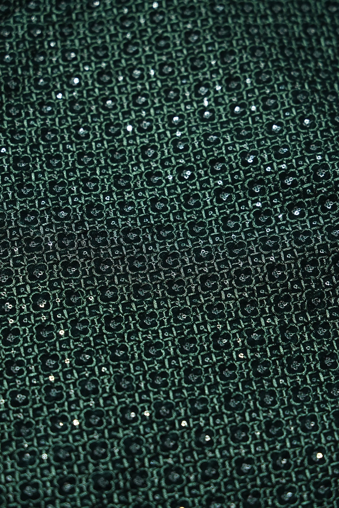 Green Thread With Sequins Small Checks Embroidery Work On Bottle Green Velvet Fabric