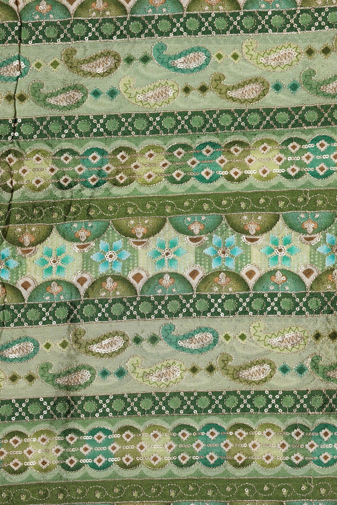 Traditional Position Print On Sequins Embroidery Olive Viscose Chinnon Chiffon Fabric
