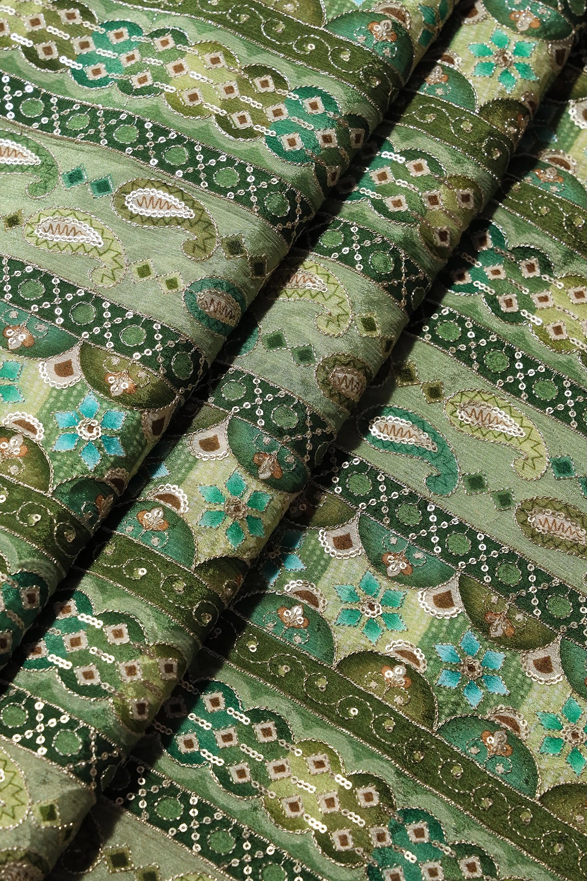 Traditional Position Print On Sequins Embroidery Olive Viscose Chinnon Chiffon Fabric