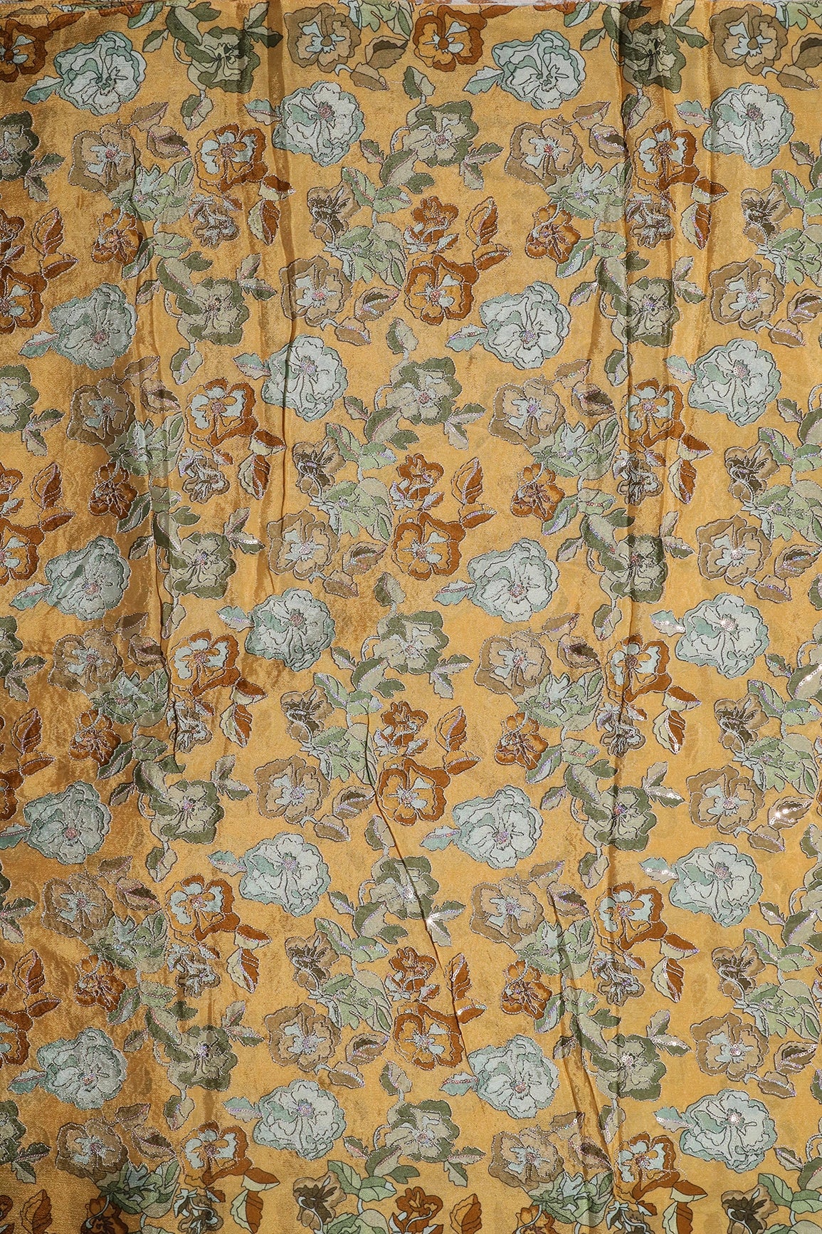 Beautiful Floral Position Print On Sequins Embroidery Mustard Viscose Chinnon Chiffon Fabric