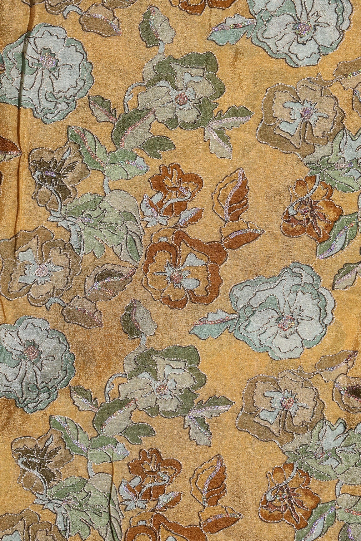 Beautiful Floral Position Print On Sequins Embroidery Mustard Viscose Chinnon Chiffon Fabric