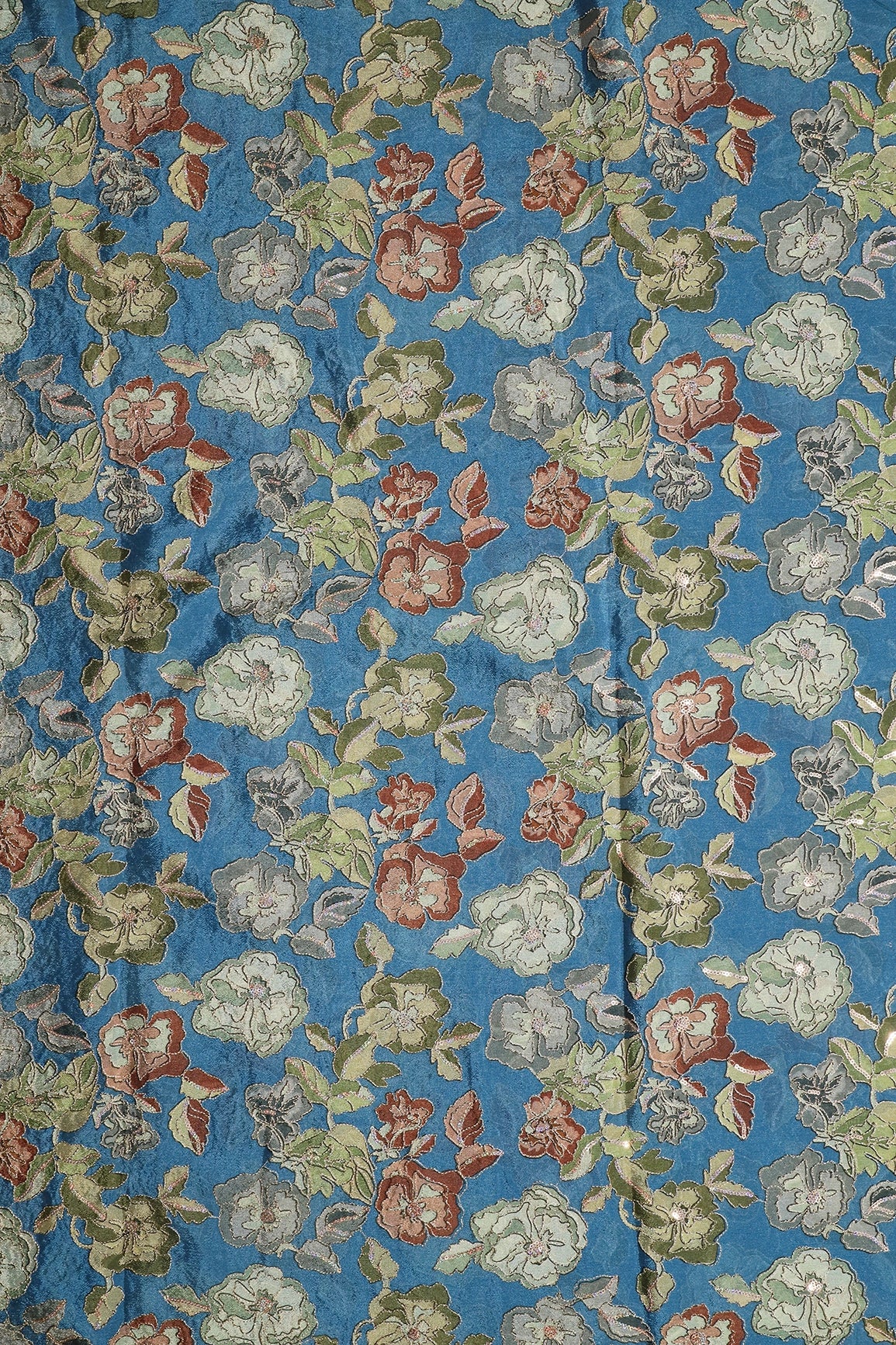 Beautiful Floral Position Print On Sequins Embroidery Cerulean Blue Viscose Chinnon Chiffon Fabric