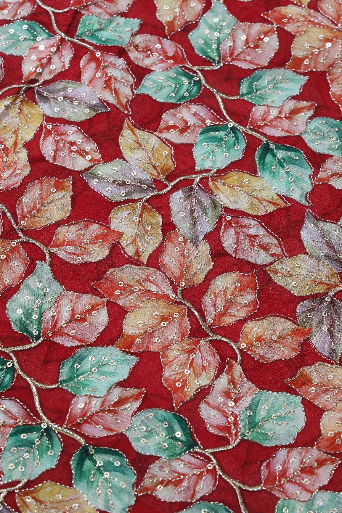 Exclusive Leafy Position Print On Sequins Embroidery Red Viscose Chinnon Chiffon Fabric