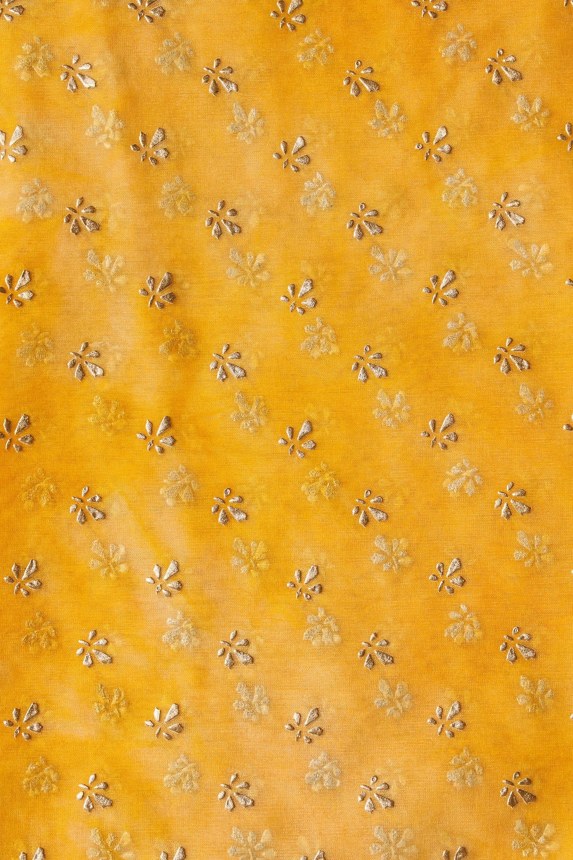 Yellow Tie & Dye Shibori Small Floral Motif Foil Print On Organza Fabric