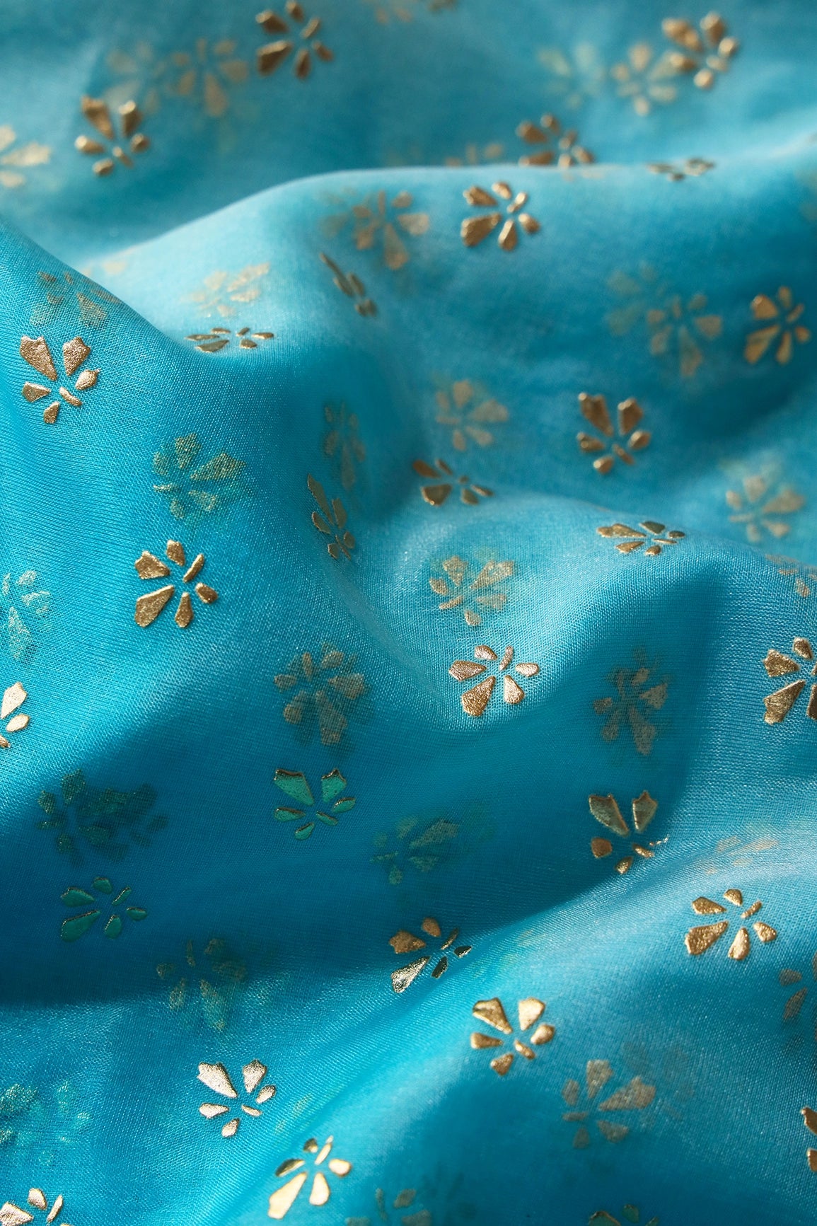 Sky Tie & Dye Shibori Small Floral Motif Foil Print On Organza Fabric