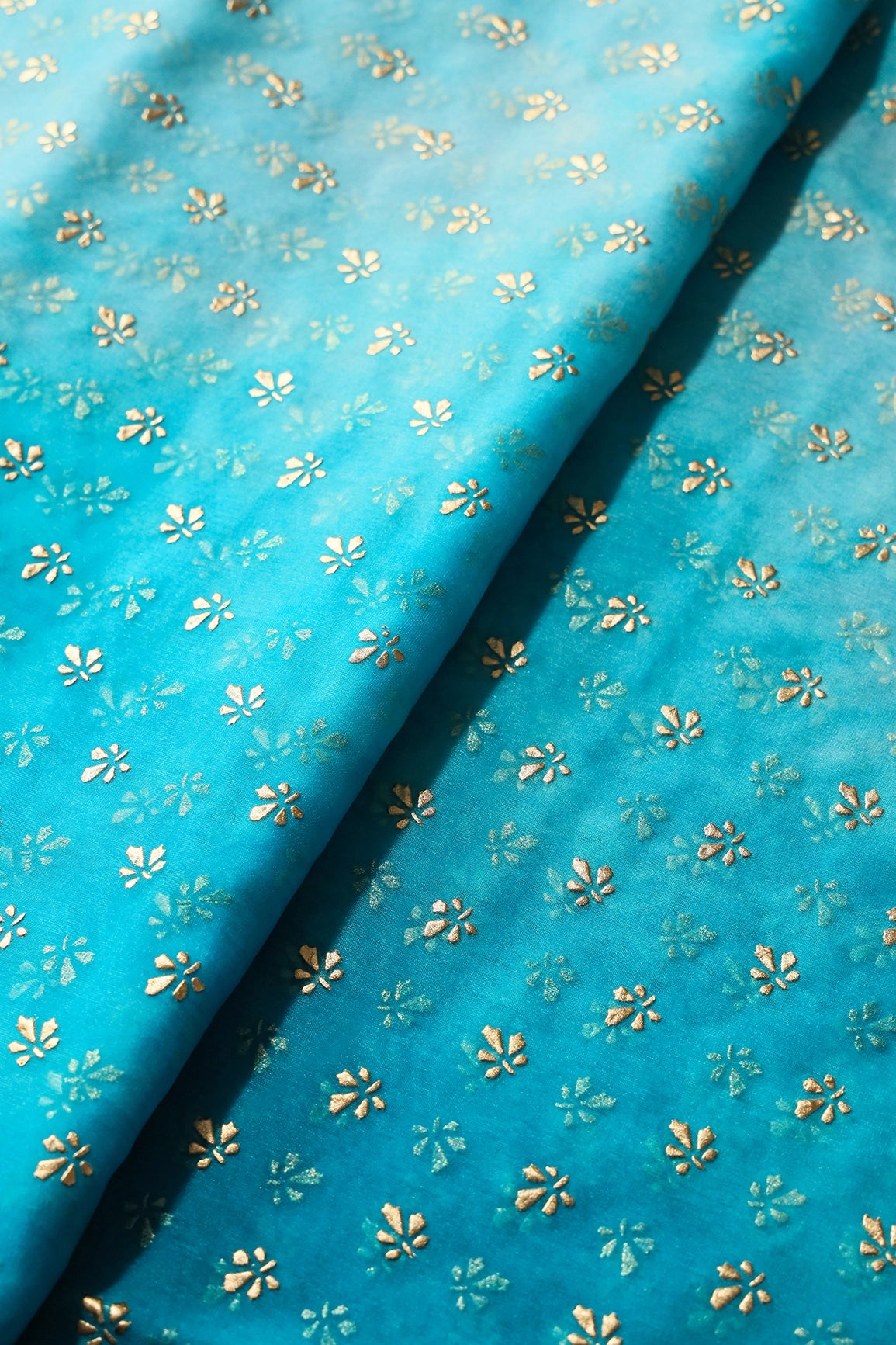 Sky Tie & Dye Shibori Small Floral Motif Foil Print On Organza Fabric