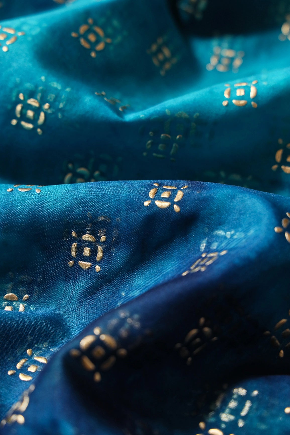 Blue And Sky Tie & Dye Shibori Small Motif Foil Print On Organza Fabric