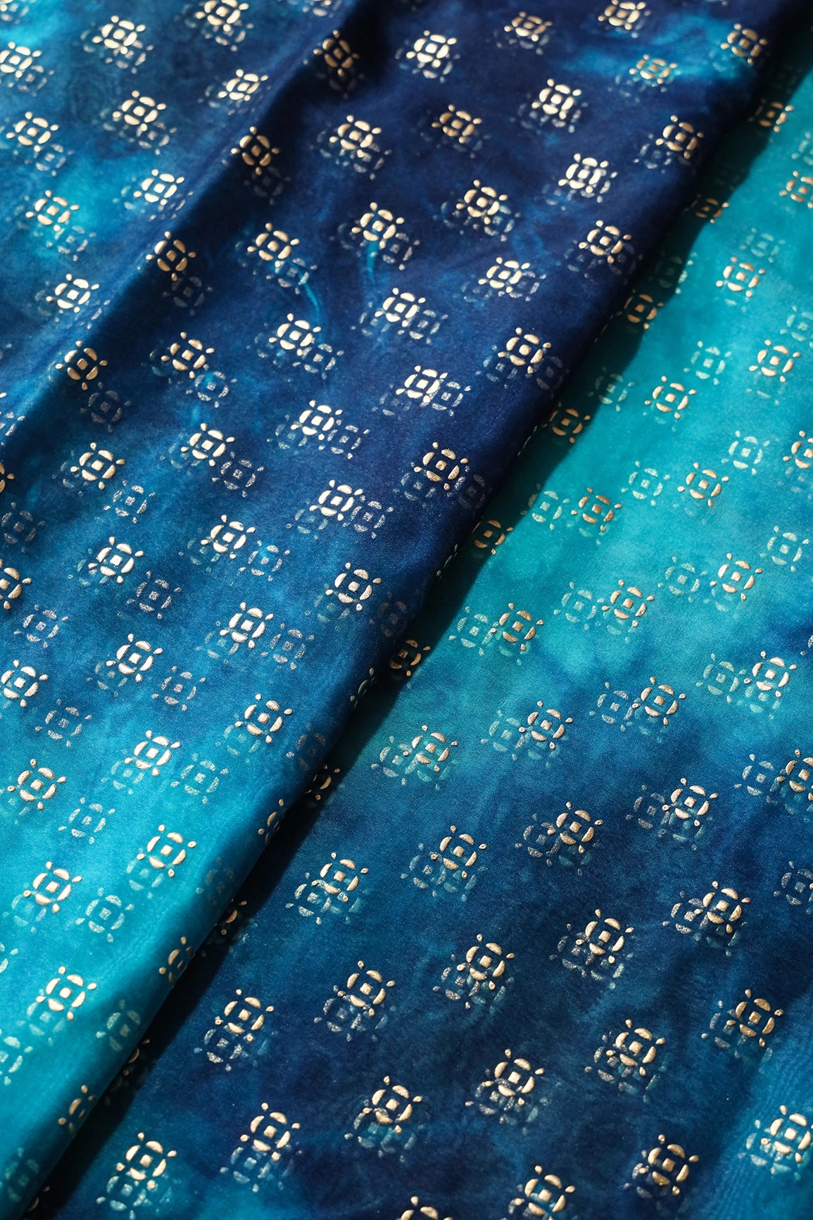 Blue And Sky Tie & Dye Shibori Small Motif Foil Print On Organza Fabric