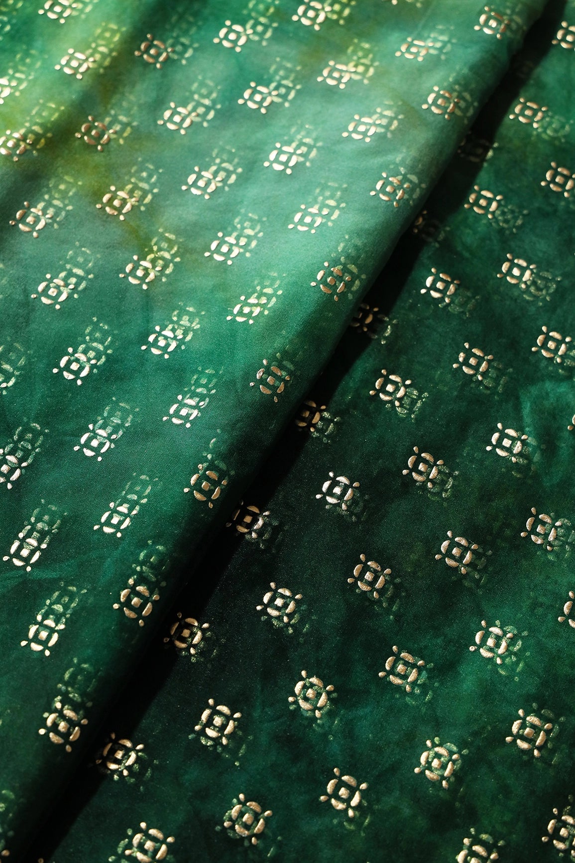 Green And Yellow Tie & Dye Shibori Small Motif Foil Print On Organza Fabric