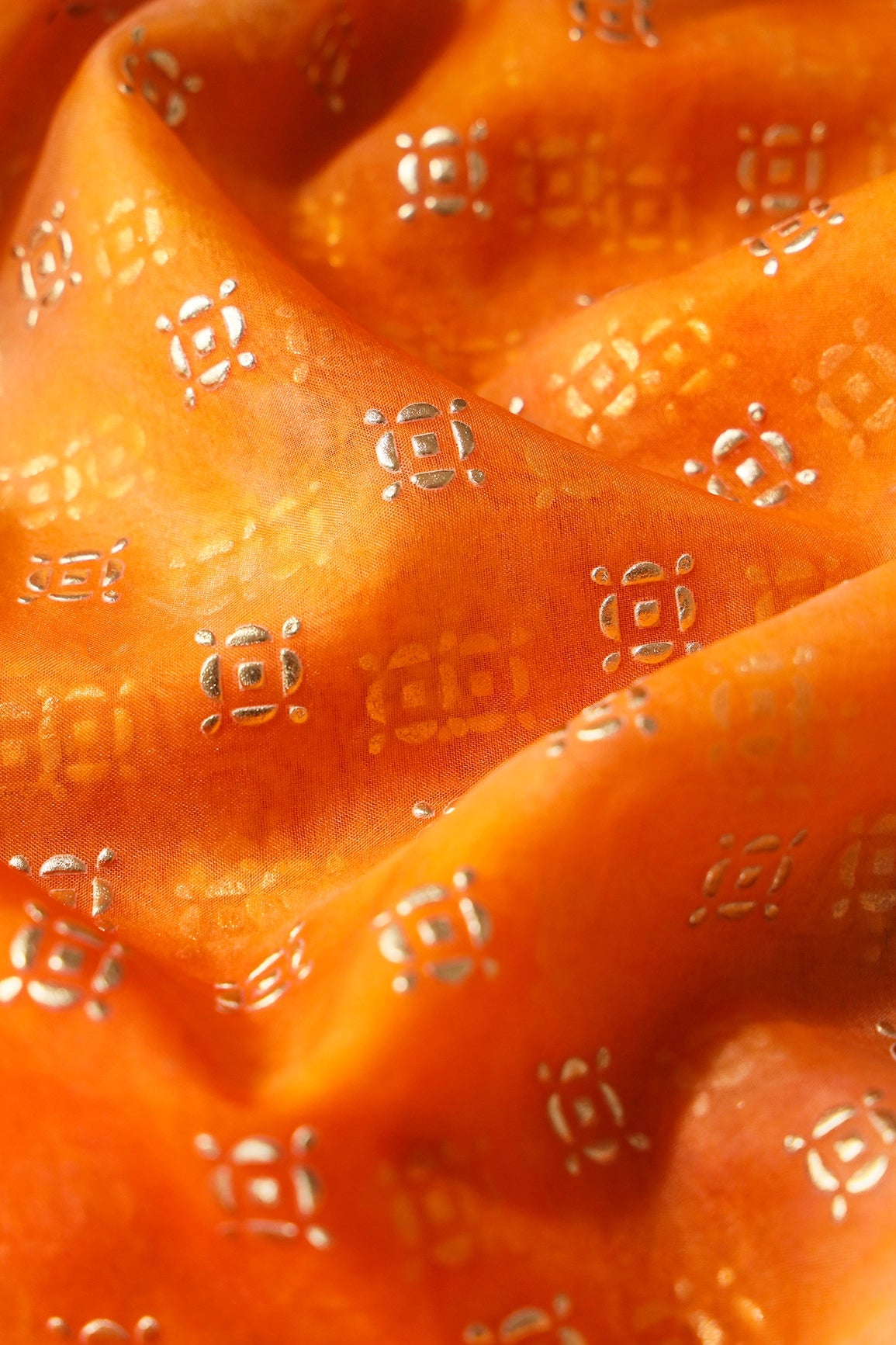 Orange And Yellow Tie & Dye Shibori Small Motif Foil Print On Organza Fabric