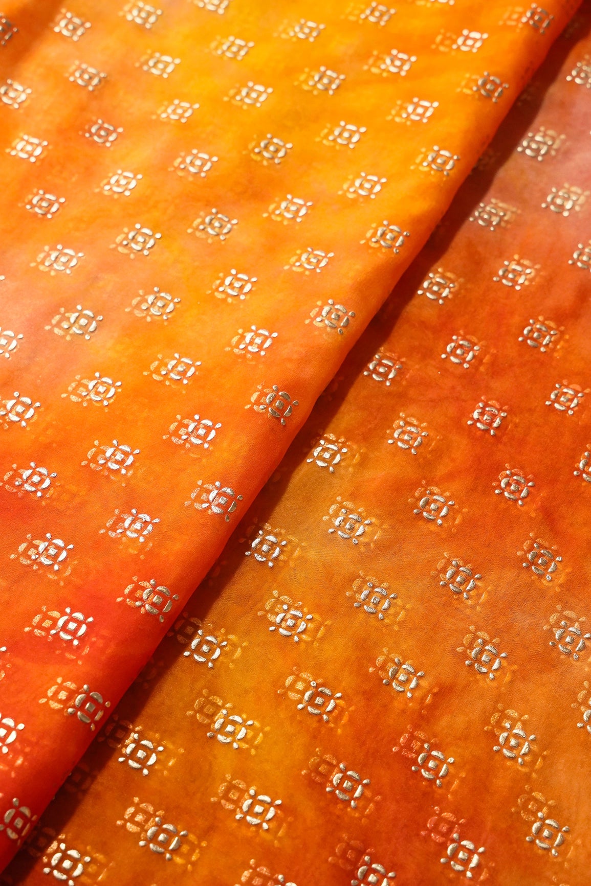 Orange And Yellow Tie & Dye Shibori Small Motif Foil Print On Organza Fabric