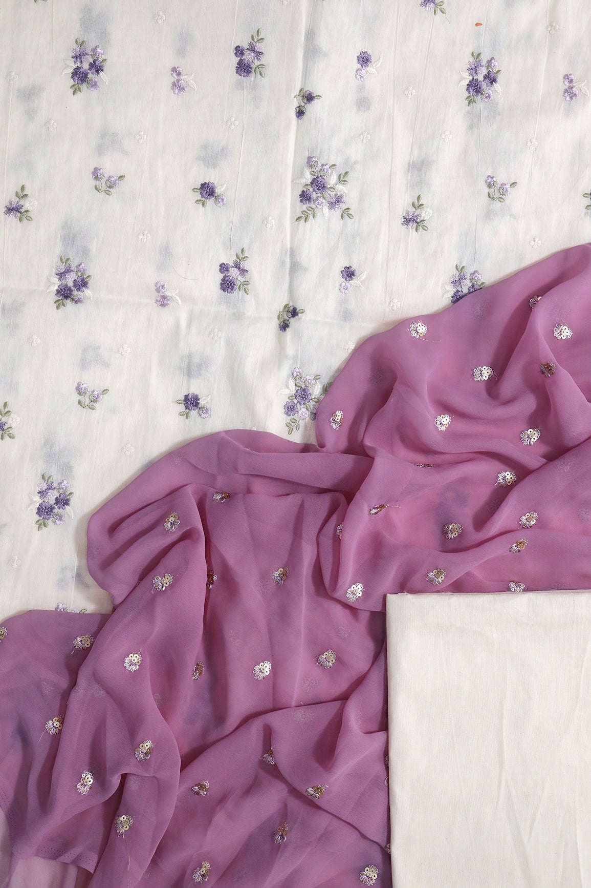 Purple And Lilac Floral Embroidery On Off White Unstitched Suit Set (3 Piece)