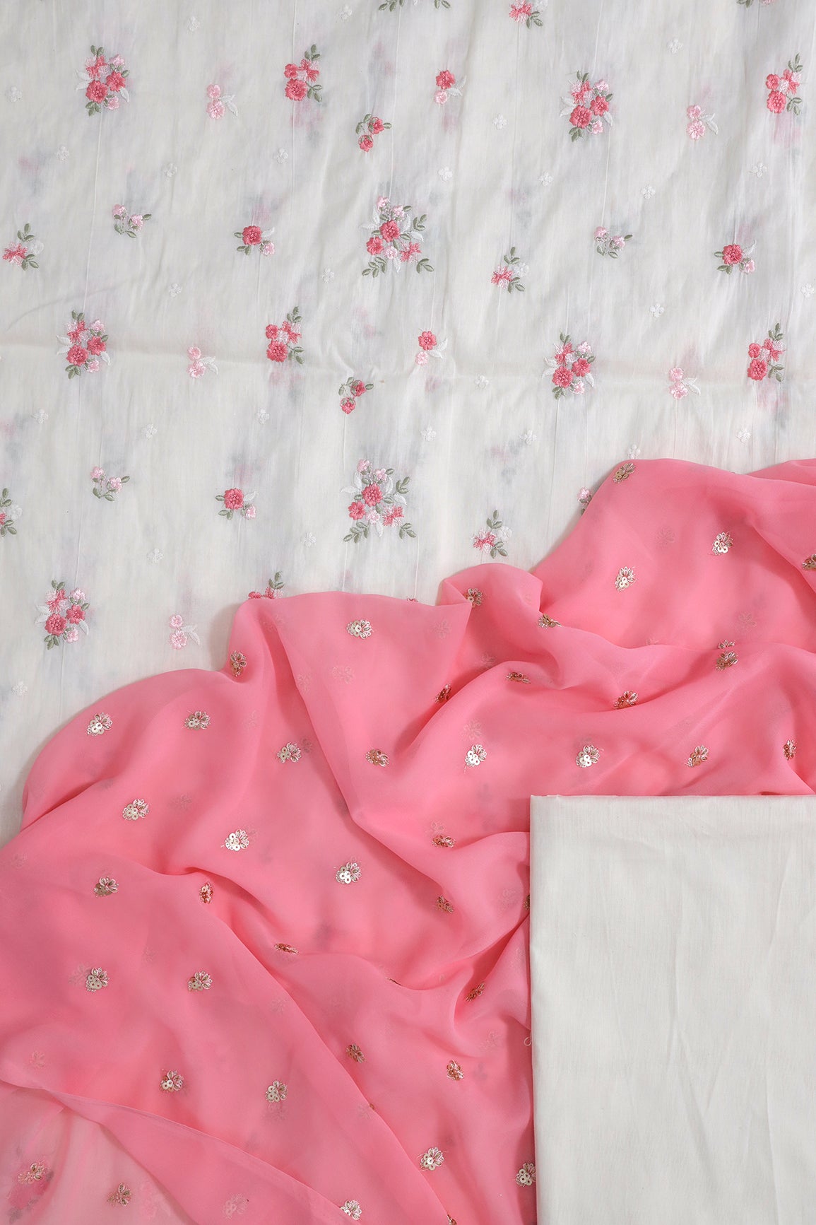 Pink Floral Embroidery On Off White Unstitched Suit Set (3 Piece)