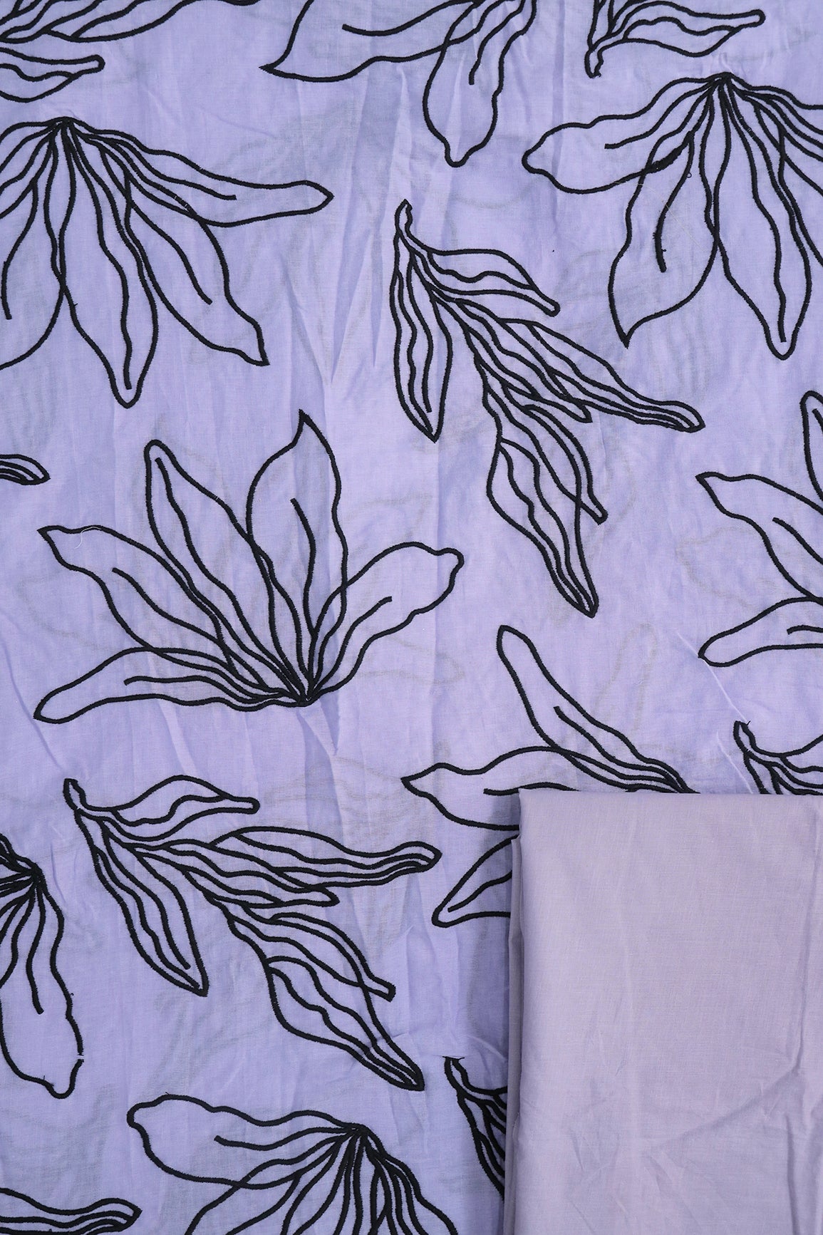 Black Floral Embroidery On Lavender Pure Mul Cotton Unstitched Suit Set (2 Piece)