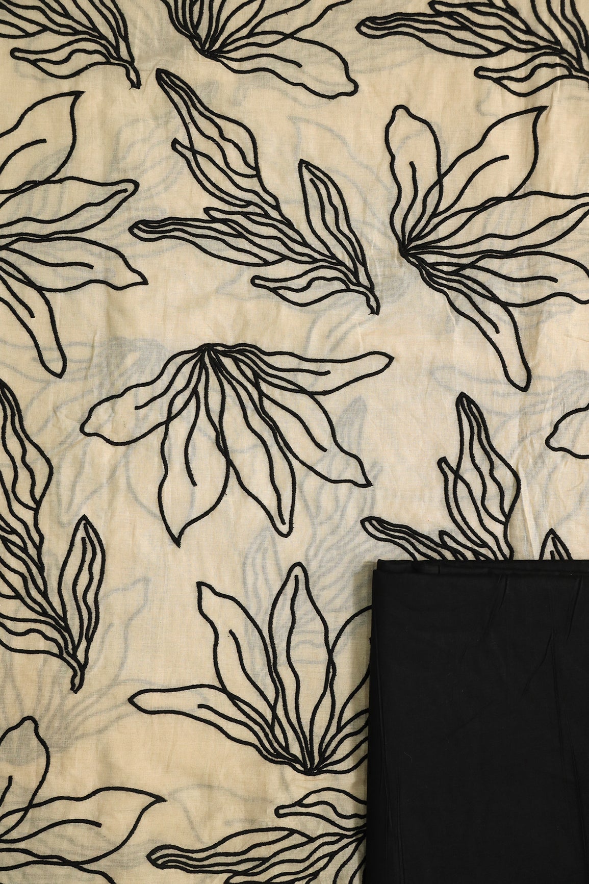 Black Floral Embroidery On Beige Pure Mul Cotton Unstitched Suit Set (2 Piece)