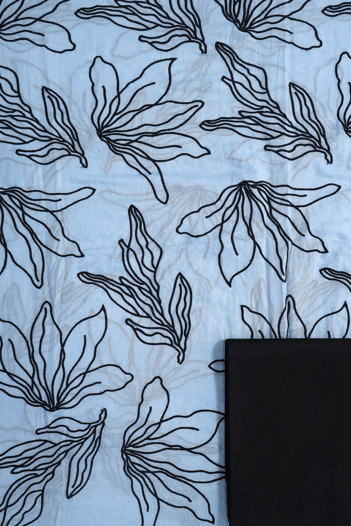 Black Floral Embroidery On Pastel Blue Pure Mul Cotton Unstitched Suit Set (2 Piece)