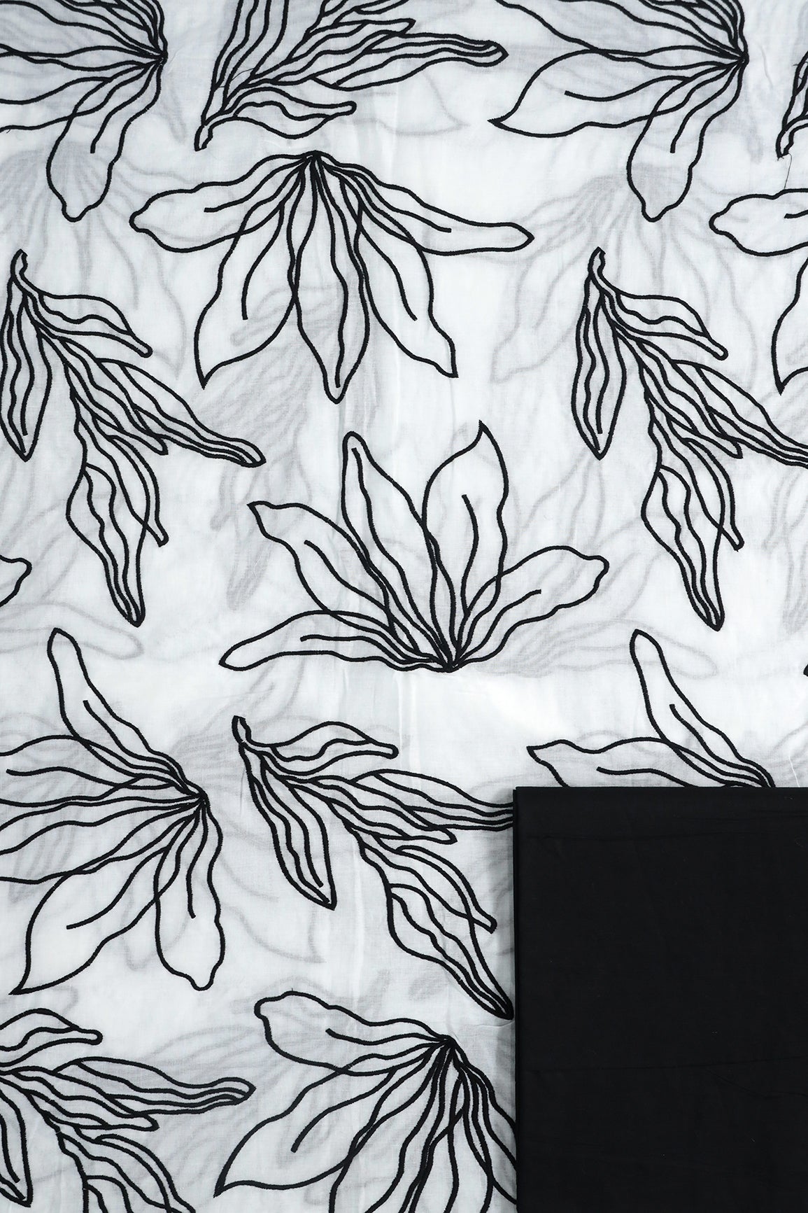 Black Floral Embroidery On White Pure Mul Cotton Unstitched Suit Set (2 Piece)