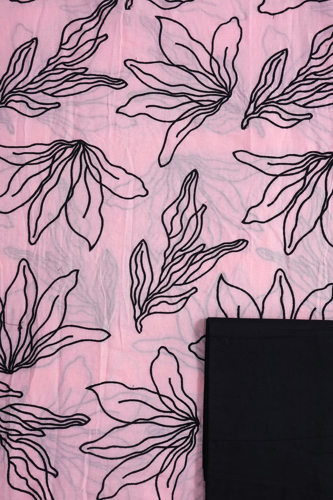 Black Floral Embroidery On Pastel Pink Pure Mul Cotton Unstitched Suit Set (2 Piece)