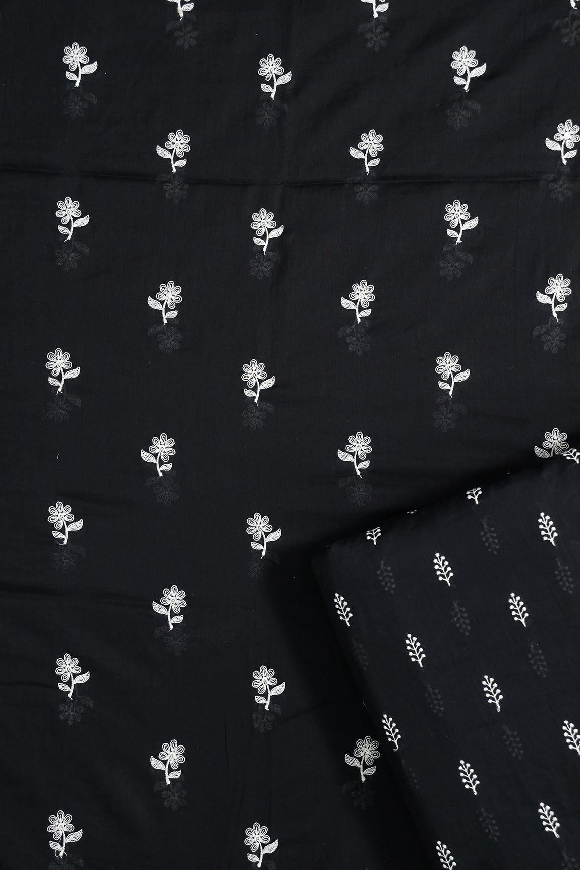 White Floral Embroidery On Black Pure Mul Cotton Unstitched Suit Set (2 Piece)